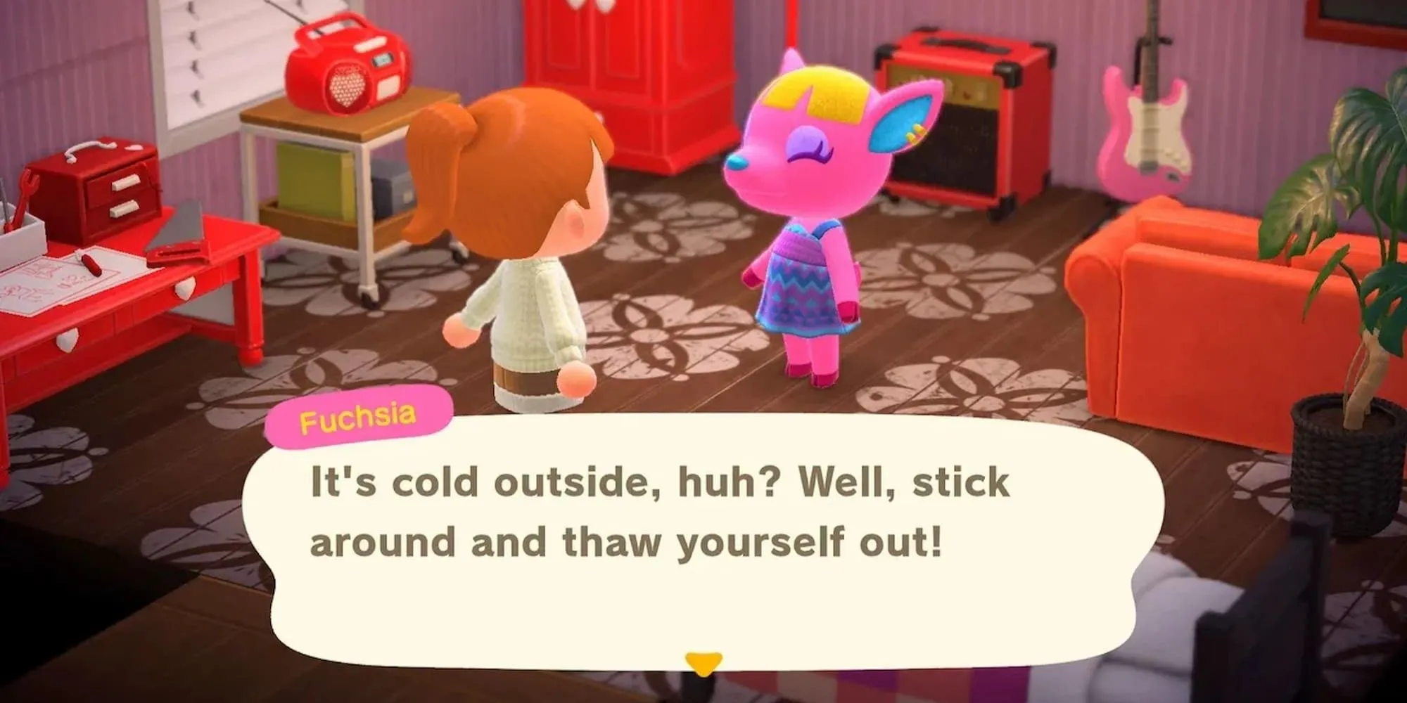 Cư dân động vật đồ họa chibi Fuchsia đang trò chuyện trong game mô phỏng Animal Crossing New Horizons