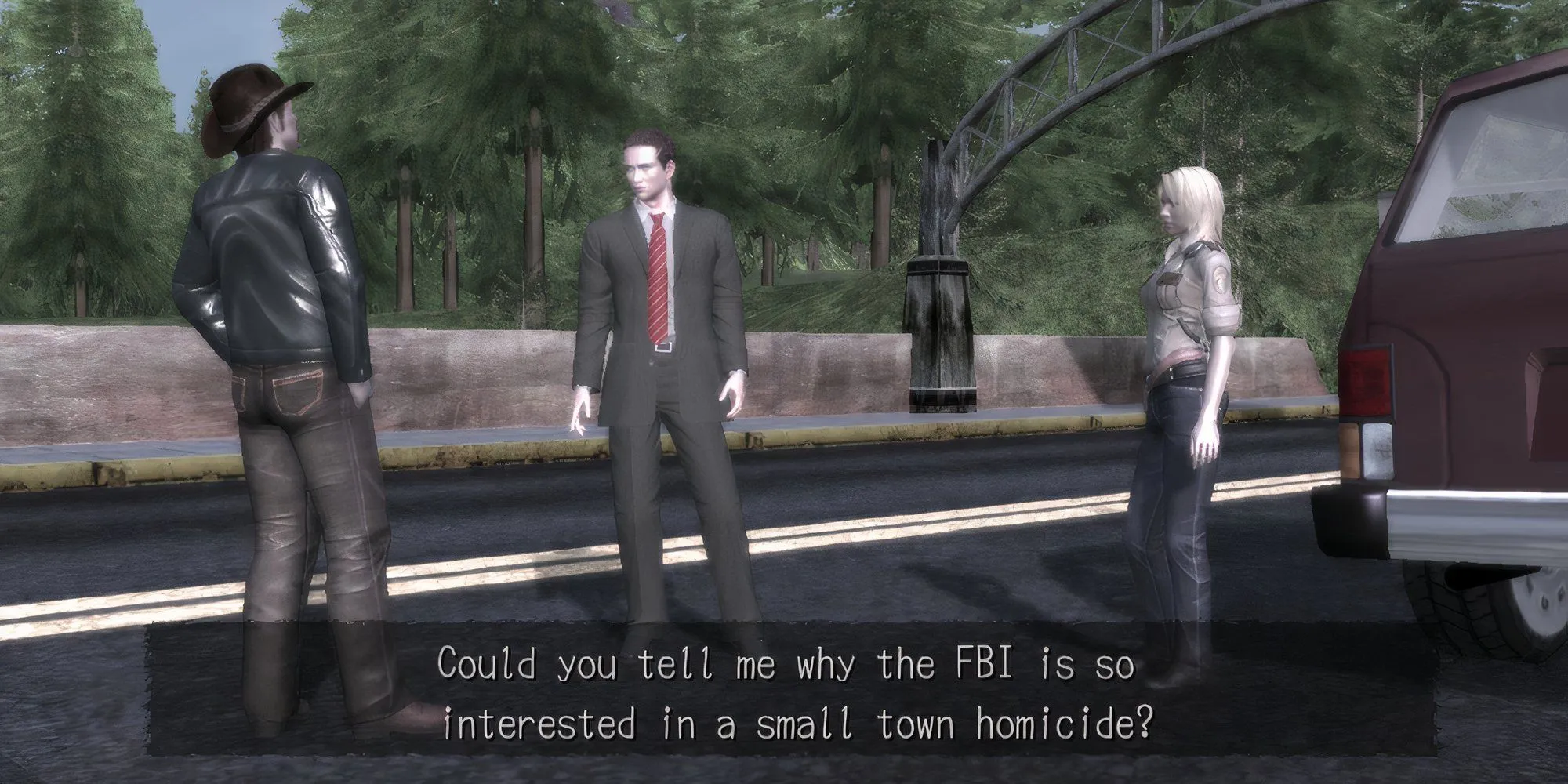 Đặc vụ Francis York Morgan trong Deadly Premonition nói chuyện bên cạnh chiếc ô tô