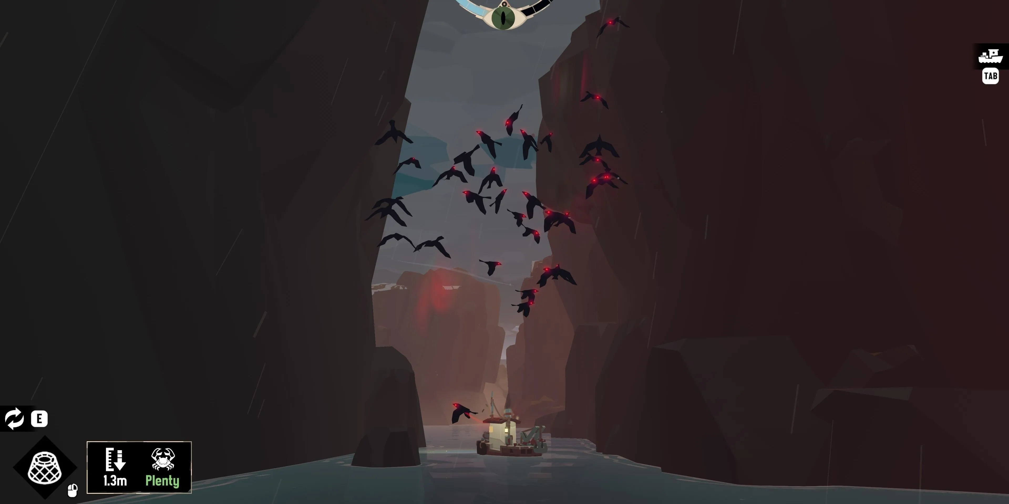 Đàn chim hung dữ tấn công người chơi trên thuyền vào ban đêm trong game kinh dị câu cá Dredge