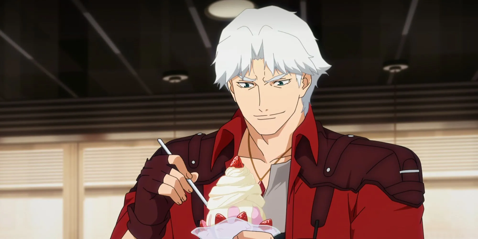Dante thưởng thức món kem dâu yêu thích tại quán Fredy Diner trong Devil May Cry Netflix