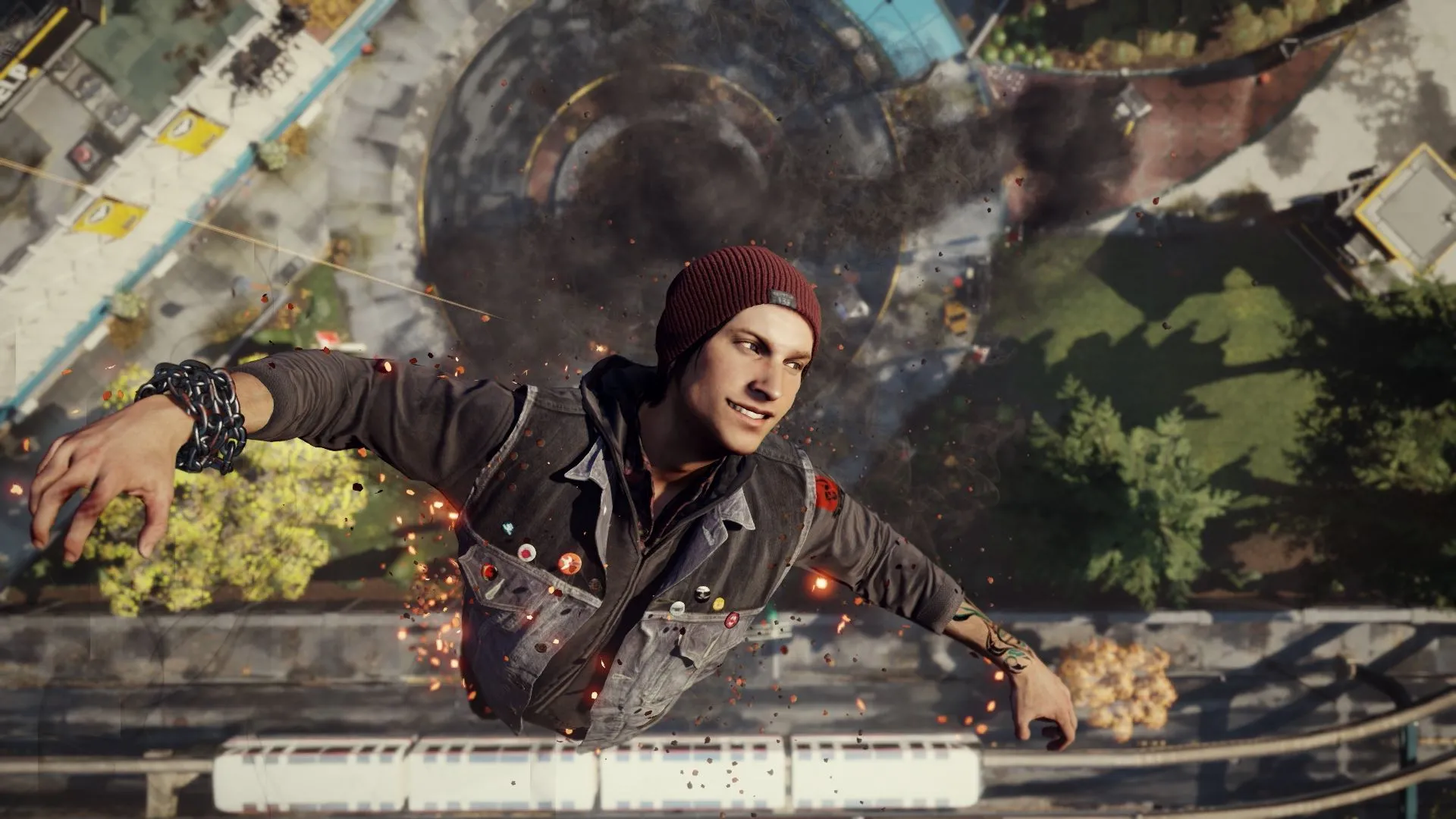 Delsin Rowe trong Infamous Second Son bay lượn trên bầu trời thành phố Seattle bằng sức mạnh siêu nhiên
