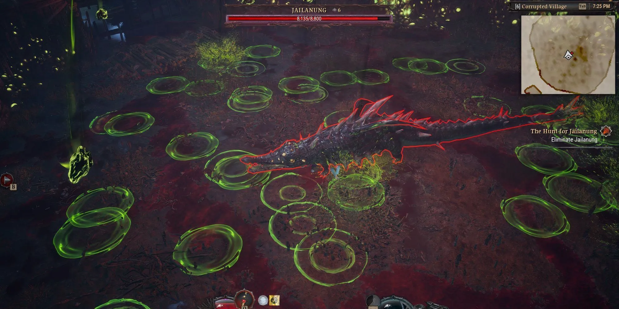 Đòn tấn công Mưa Axit của boss Jailanung trong Dragonkin: The Banished, với các vùng nguy hiểm được đánh dấu trên mặt đất.