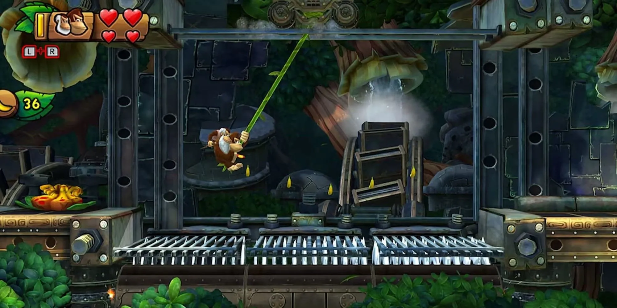 Donkey Kong đu dây vượt chướng ngại vật trong game Donkey Kong Country: Tropical Freeze
