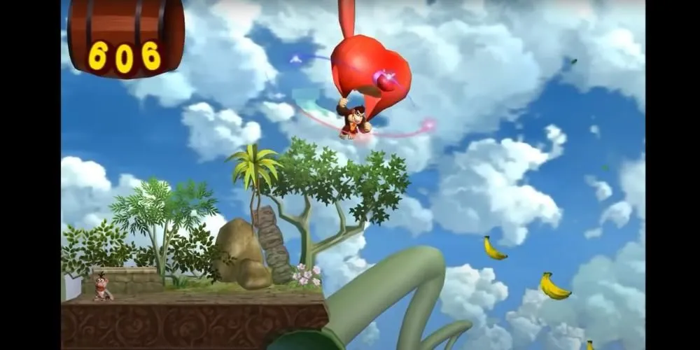 Donkey Kong dùng lá cây như dù bay trên trời thu thập chuối trong Donkey Kong Jungle Beat