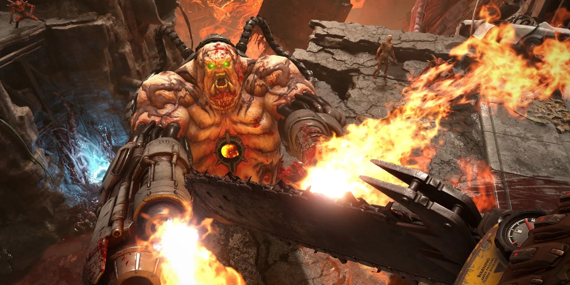 Doom Slayer sử dụng cưa máy tấn công Mancubus trong trận chiến Doom Eternal