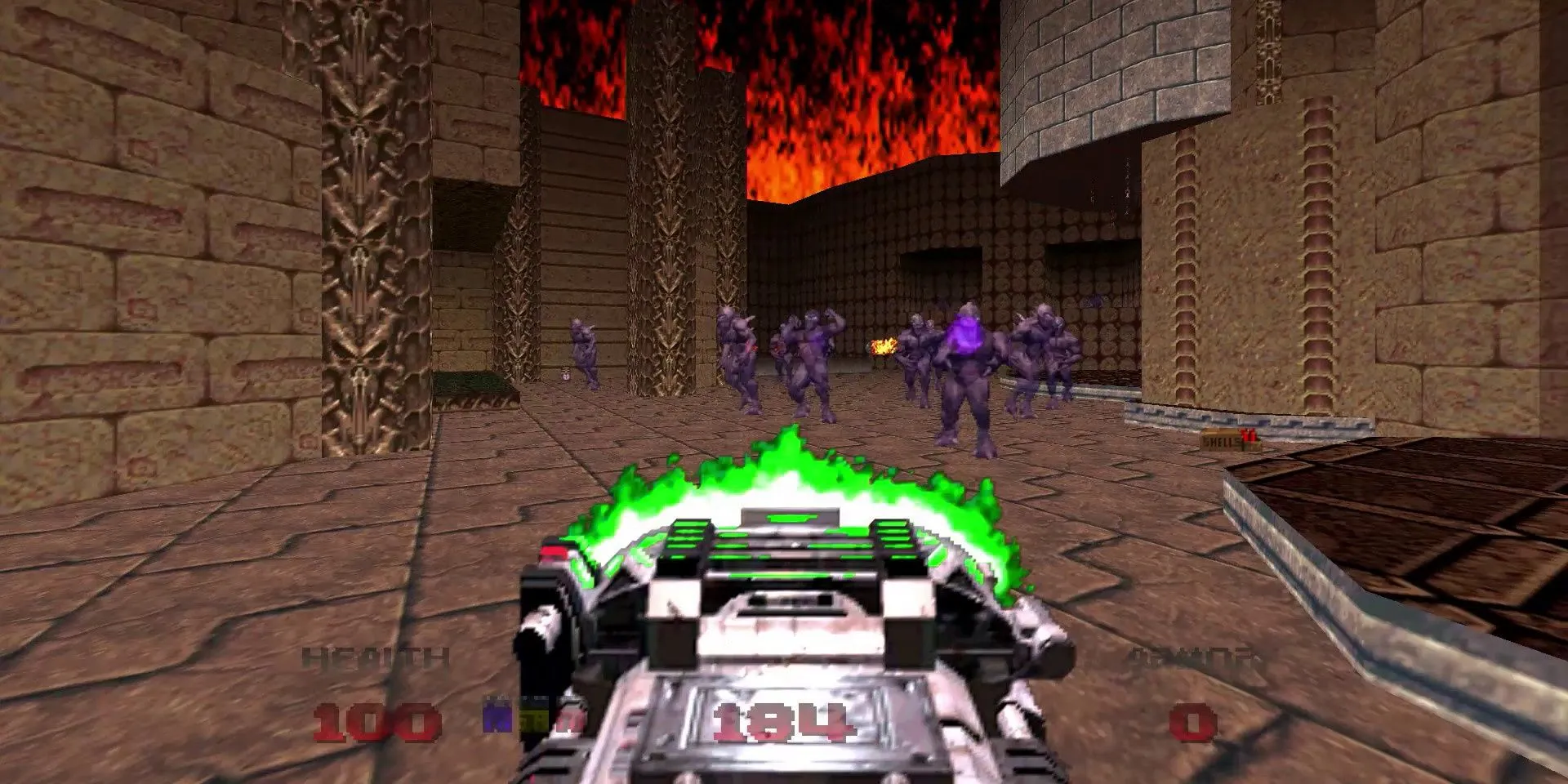 Doomguy cầm khẩu BFG trong Doom 64, hiển thị đồ họa tối và tông màu trầm đặc trưng của game