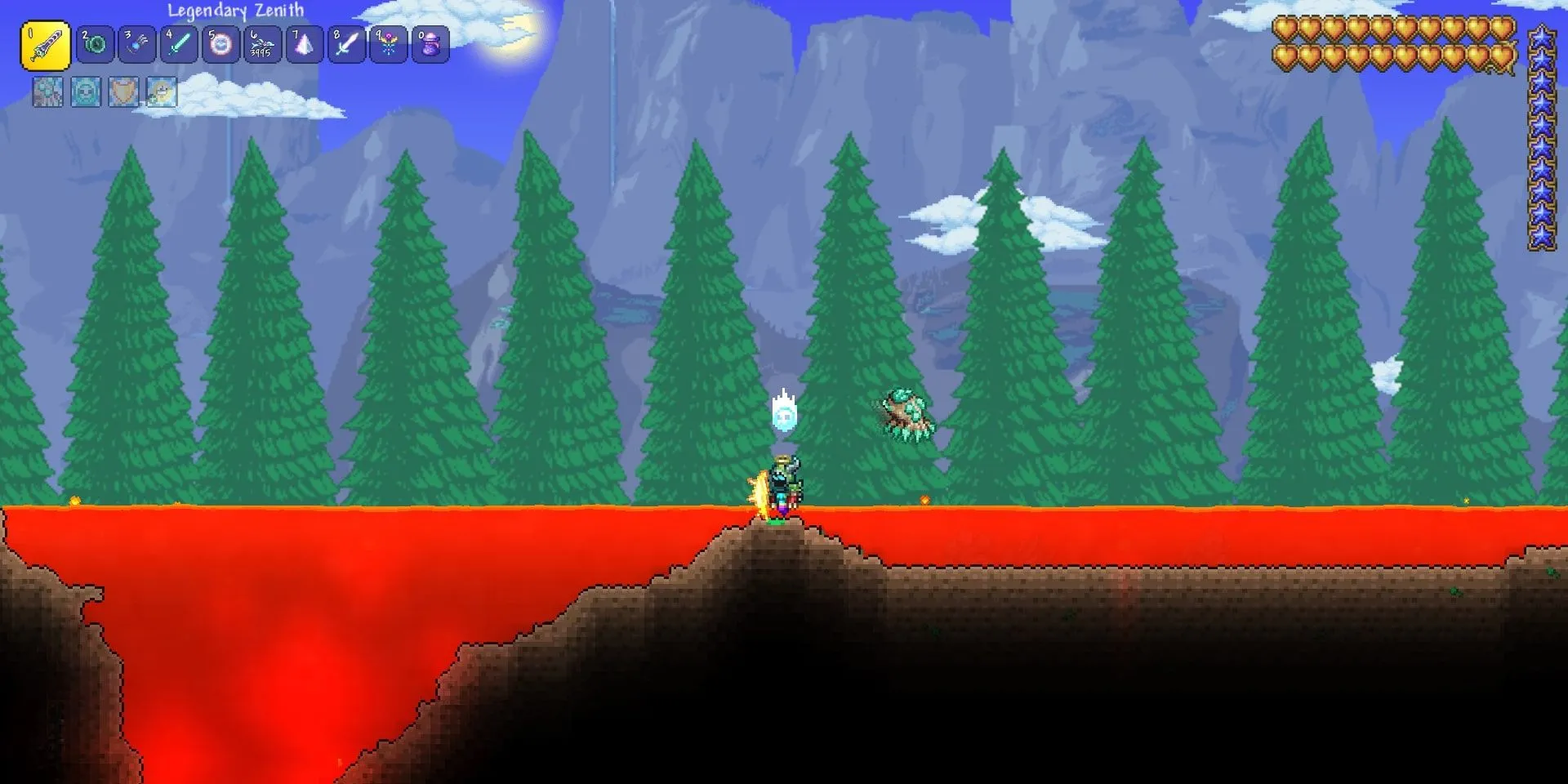 Dung nham xuất hiện trên bề mặt trong game Terraria với phong cách pixel art đặc trưng
