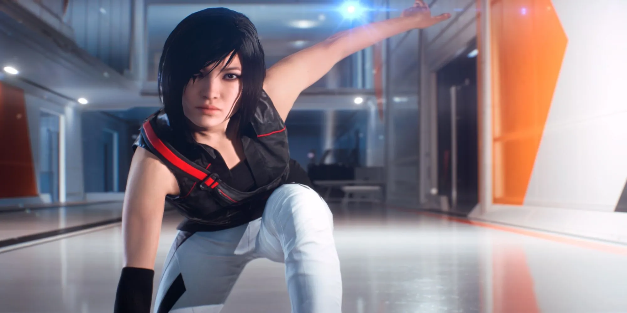 Faith Connors thực hiện pha parkour trên nóc nhà thành phố Glass trong Mirror's Edge Catalyst