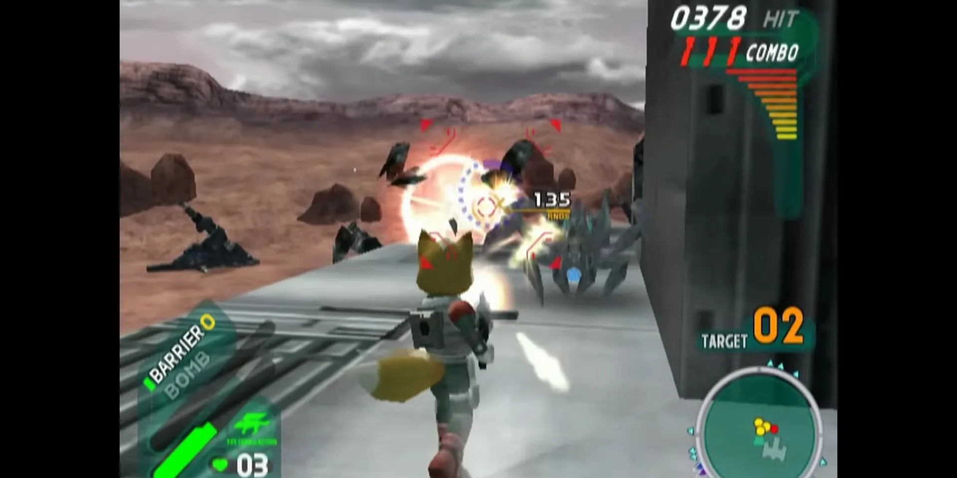 Fox McCloud chiến đấu trên bộ bằng súng blaster trong Star Fox: Assault