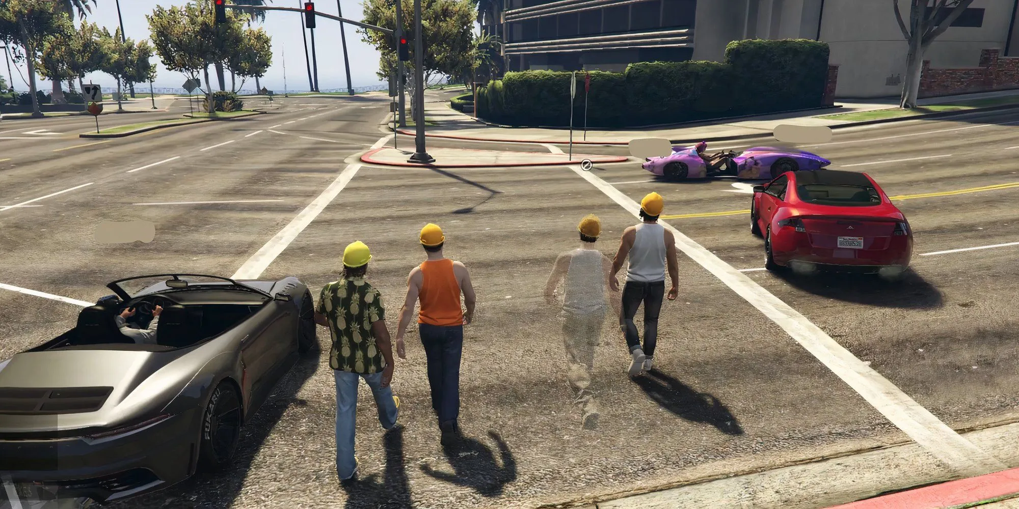 Game thủ dùng xe hơi chặn đường trong GTA V Online để bảo vệ nhóm biểu tình đi bộ, một hành động tích cực trong thế giới ảo.
