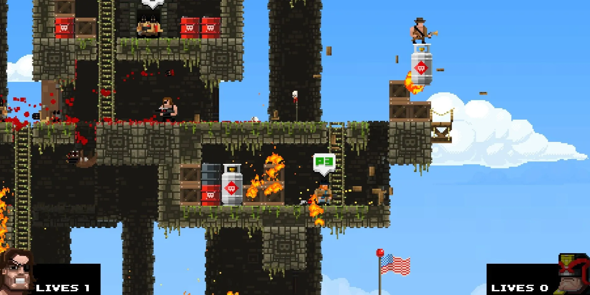 Gameplay Broforce với nhiều nhân vật và môi trường đổ nát