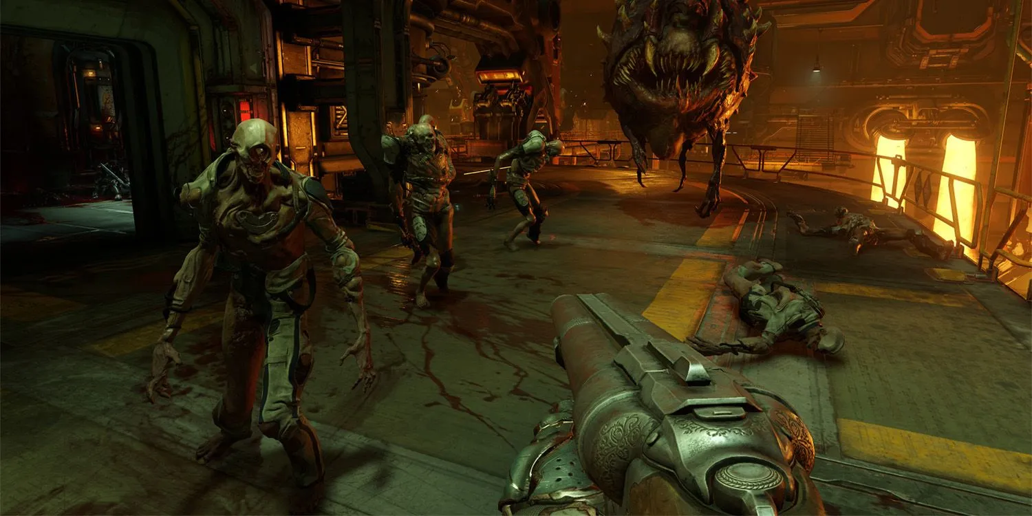 Gameplay Doom 2016, Doom Slayer dùng shotgun chống lại quỷ, thể hiện phong cách chiến đấu hiện đại và bạo lực