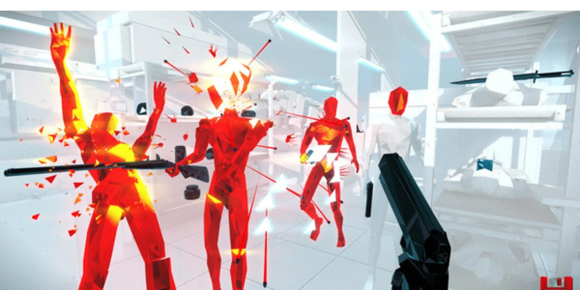 Gameplay SUPERHOT với nhiều kẻ địch màu đỏ trên nền trắng tối giản