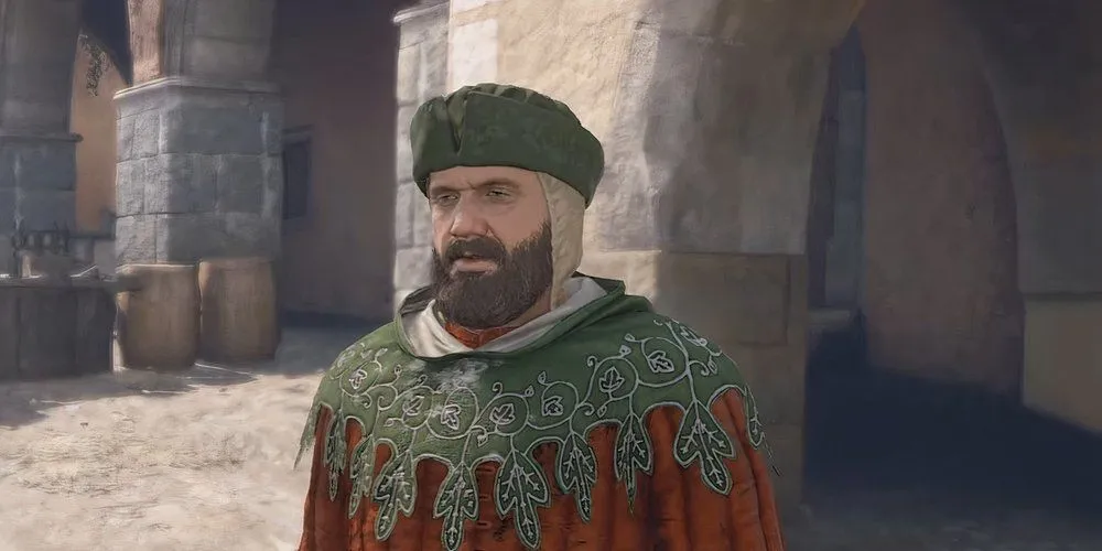 Gặp gỡ Menhard von Frankfurt tại quận giao thương Kuttenberg để bắt đầu nhiệm vụ Ars Dimicatoria trong Kingdom Come Deliverance 2.