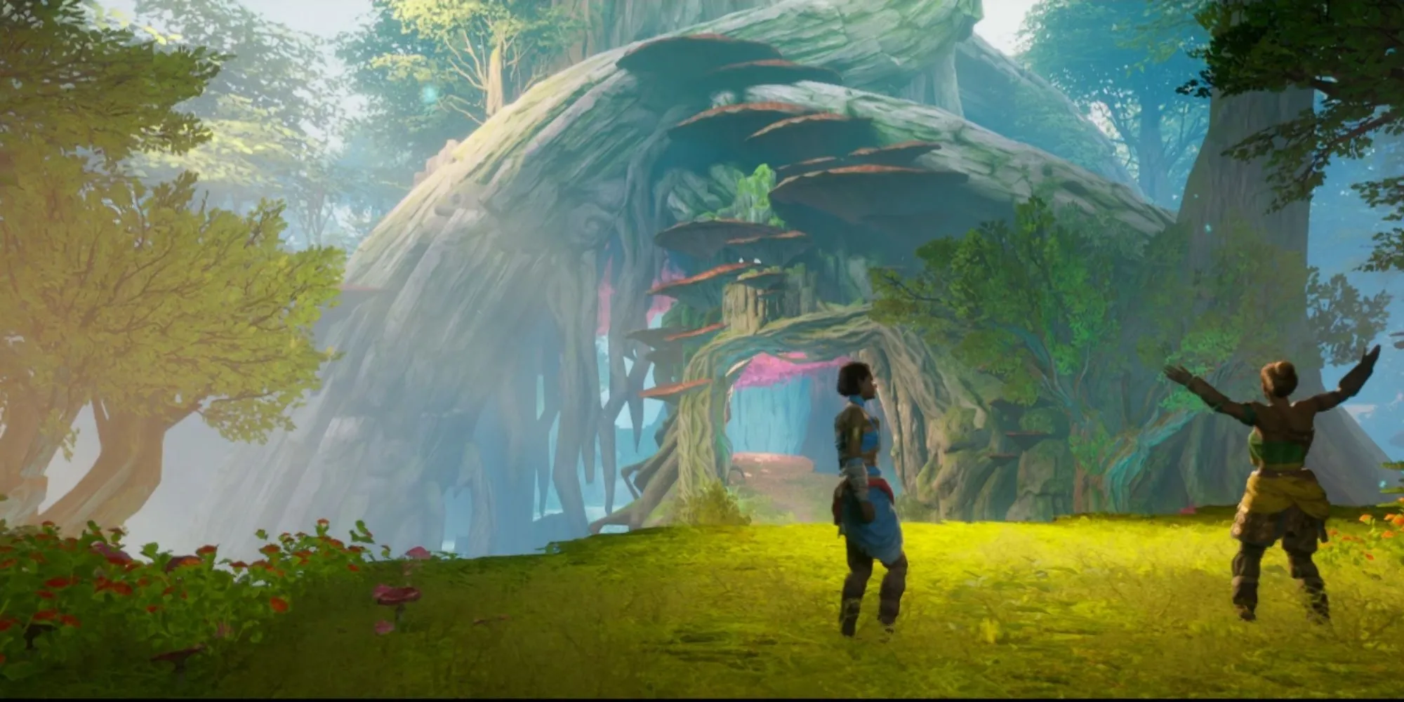 Giải puzzle 2D trong Split Fiction Hopes Of Spring: Treant-Zoe hạ trần, Ape-Mio tạo bệ, Pixie-Zoe nhảy