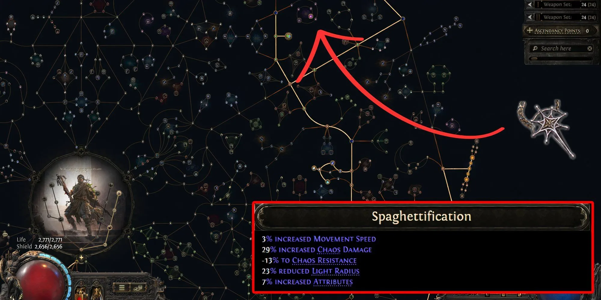 Giao diện cây kỹ năng bị động cho build Mercenary Stat Stacking trong Path of Exile 2.