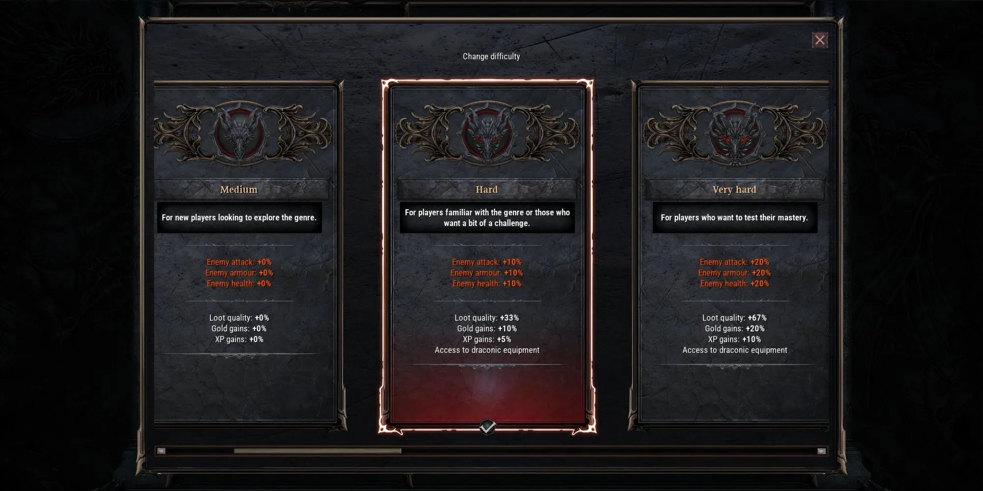 Giao diện điều chỉnh độ khó trong Dragonkin: The Banished, giúp người chơi tùy chỉnh trải nghiệm.