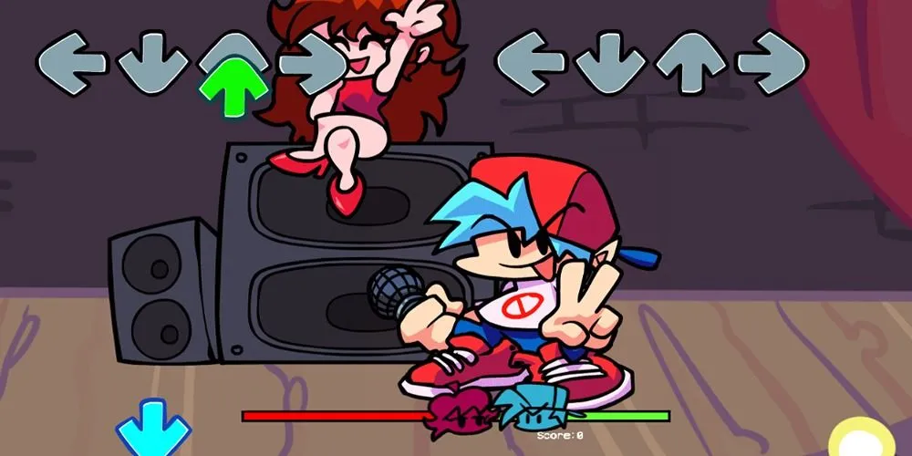 Giao diện game âm nhạc Friday Night Funkin' với các mũi tên nhịp điệu yêu cầu thao tác phím chính xác