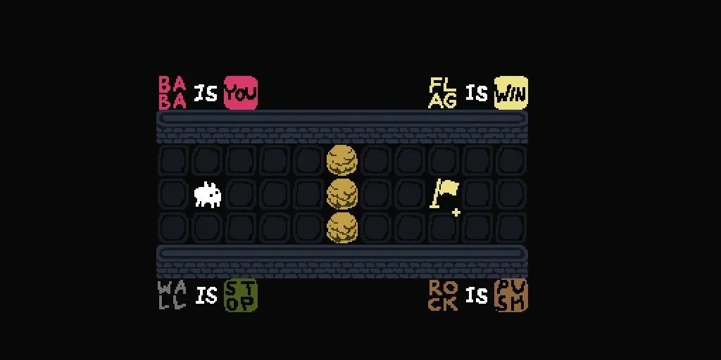Giao diện game giải đố Baba Is You với các khối chữ điều chỉnh luật chơi