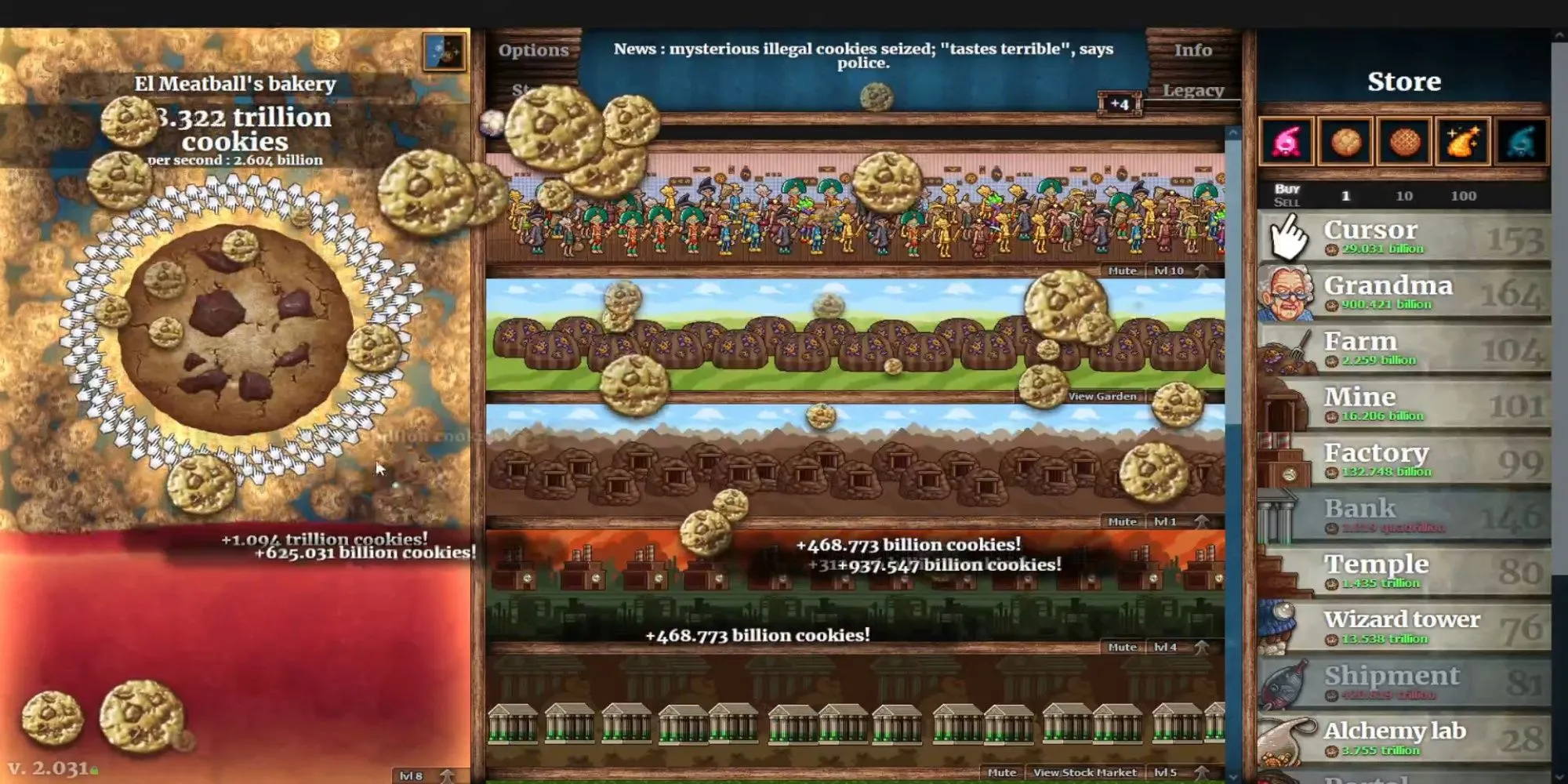 Giao diện game idle Cookie Clicker với vô số bánh quy đang được tạo ra và các tùy chọn nâng cấp