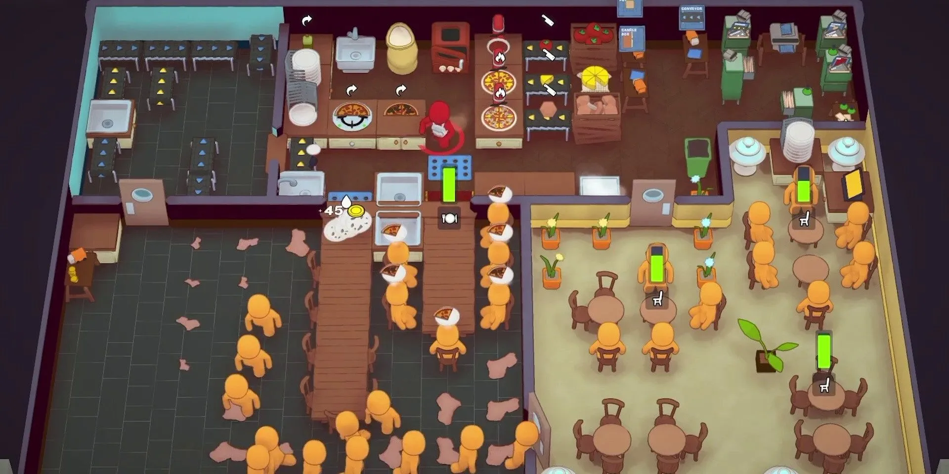Giao diện gameplay hỗn loạn trong game quản lý nhà hàng PlateUp!