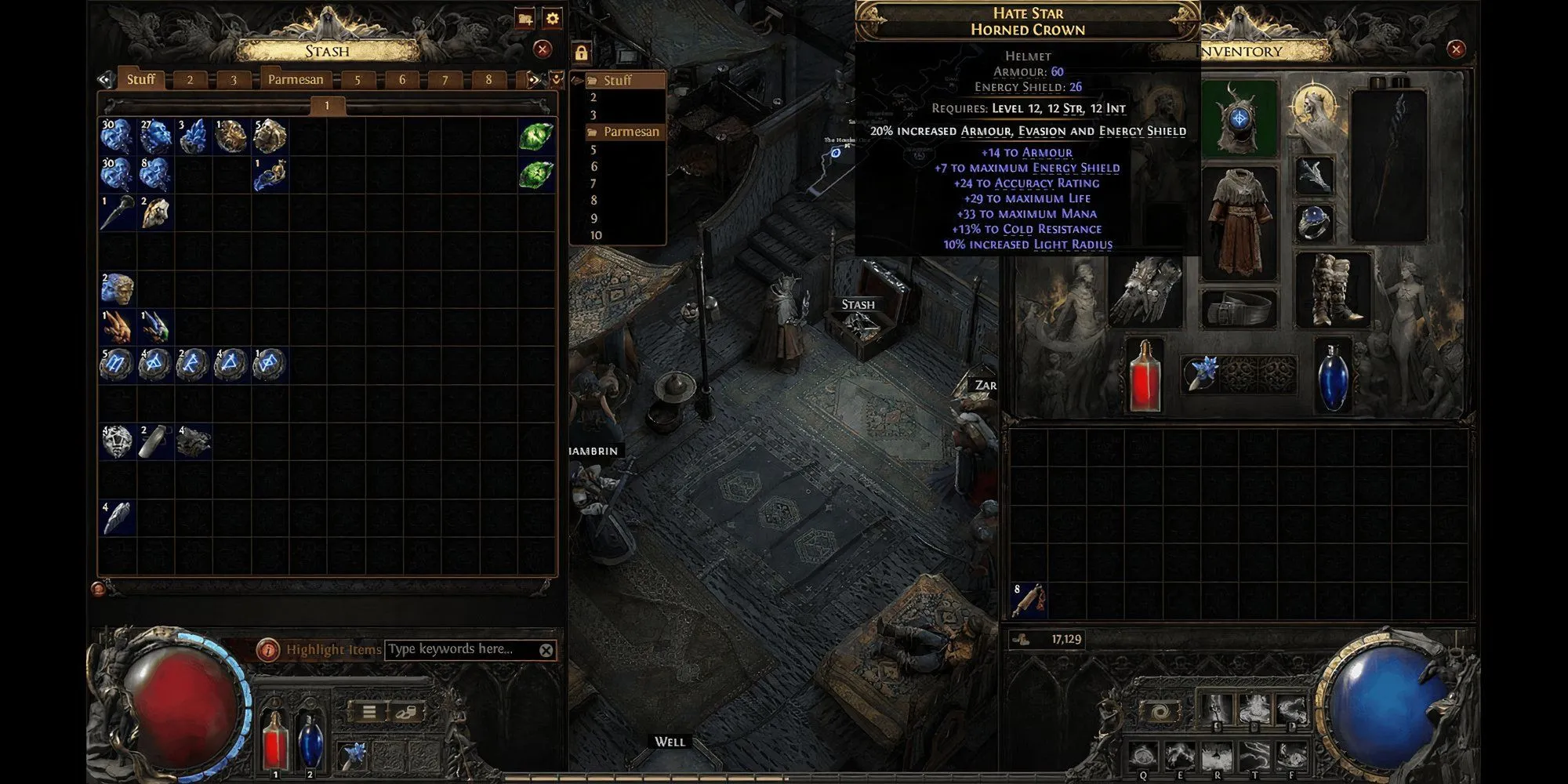 Giao diện hành trang (Inventory) của nhân vật trong Path of Exile 2