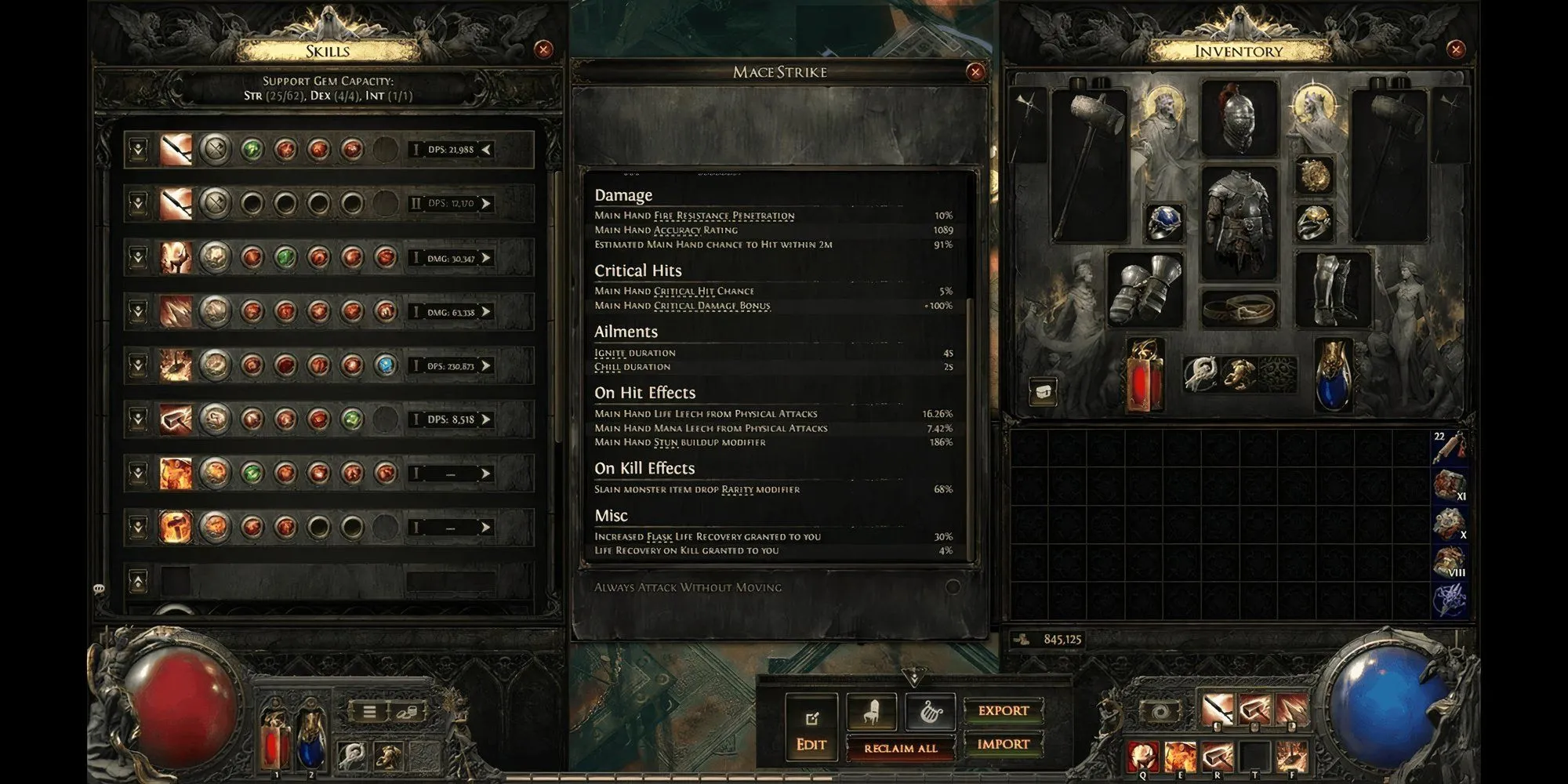 Giao diện hiển thị chỉ số, kỹ năng và trang bị của nhân vật Path of Exile 2 ở giai đoạn cuối game