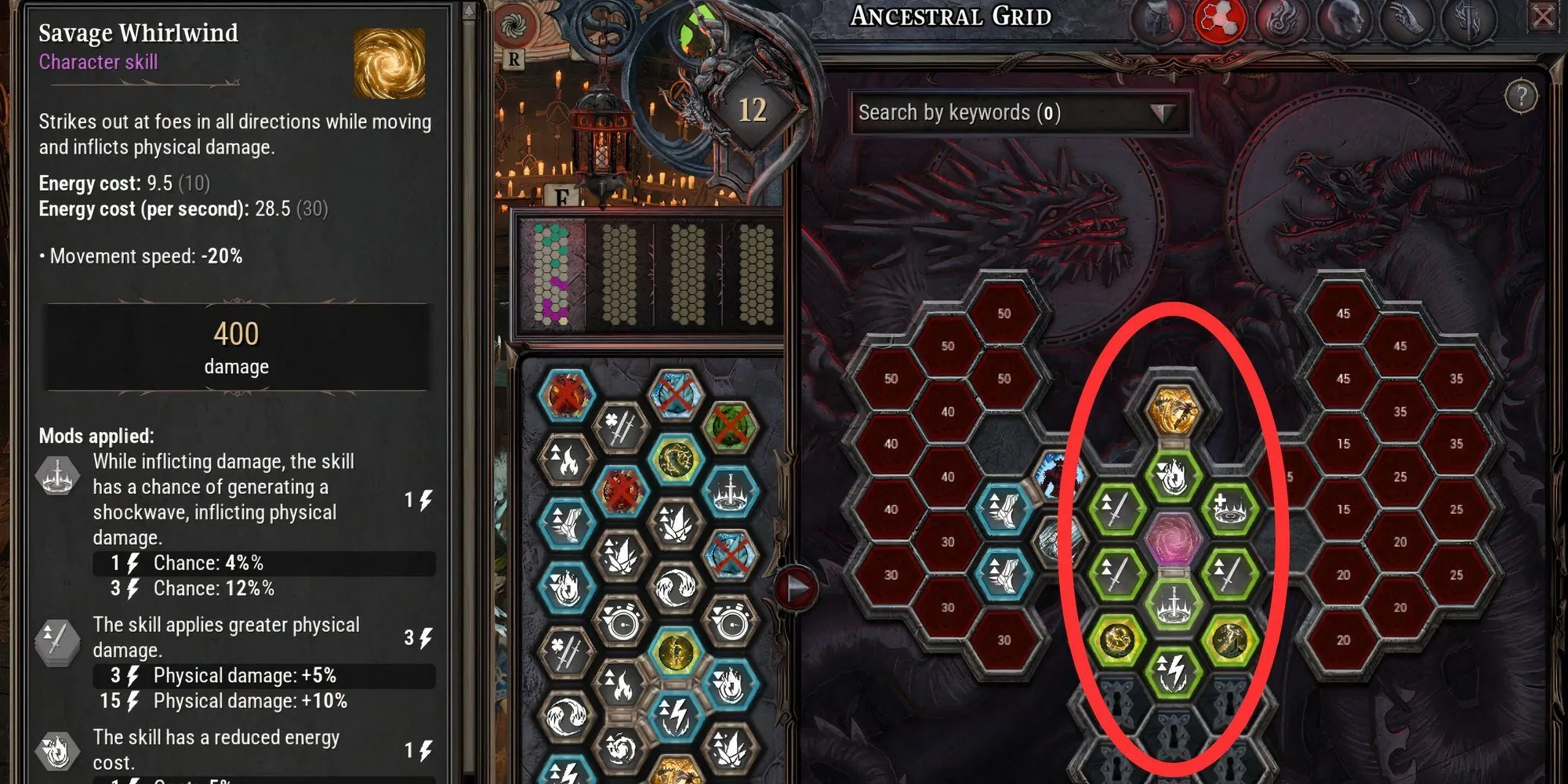 Giao diện Lưới Tổ Tiên (Ancestral Grid) trong Dragonkin: The Banished, nơi người chơi sắp xếp Mảnh Hex để kích hoạt Cộng Sinh.