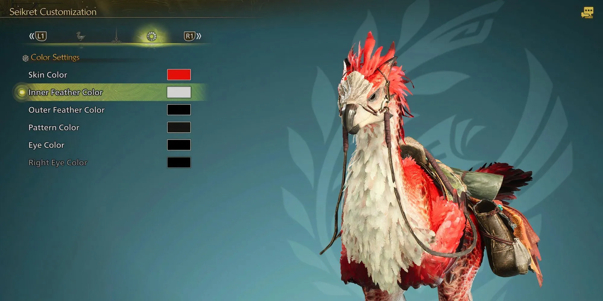 Giao diện menu Cài Đặt Màu Sắc (Color Settings) cho Seikret trong Monster Hunter Wilds, tập trung vào các tùy chọn màu