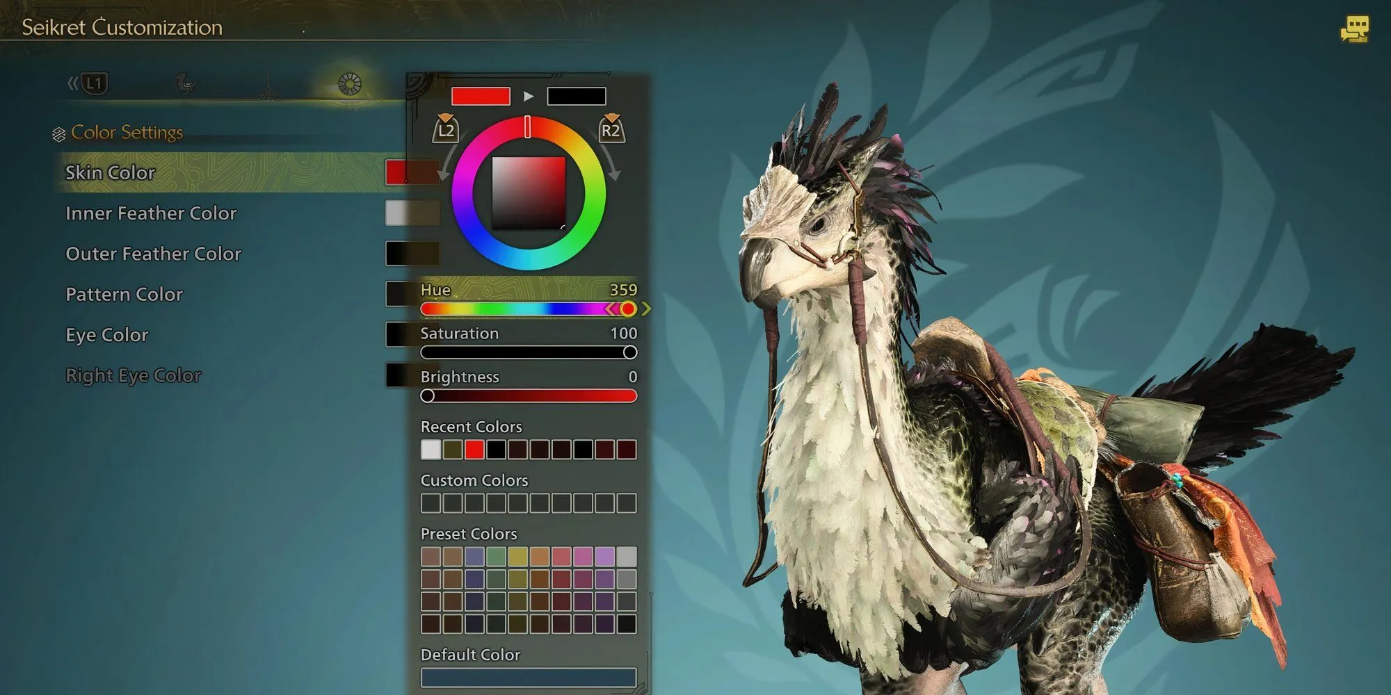 Giao diện menu Tùy Chỉnh Seikret trong Monster Hunter Wilds, hiển thị các tùy chọn màu sắc