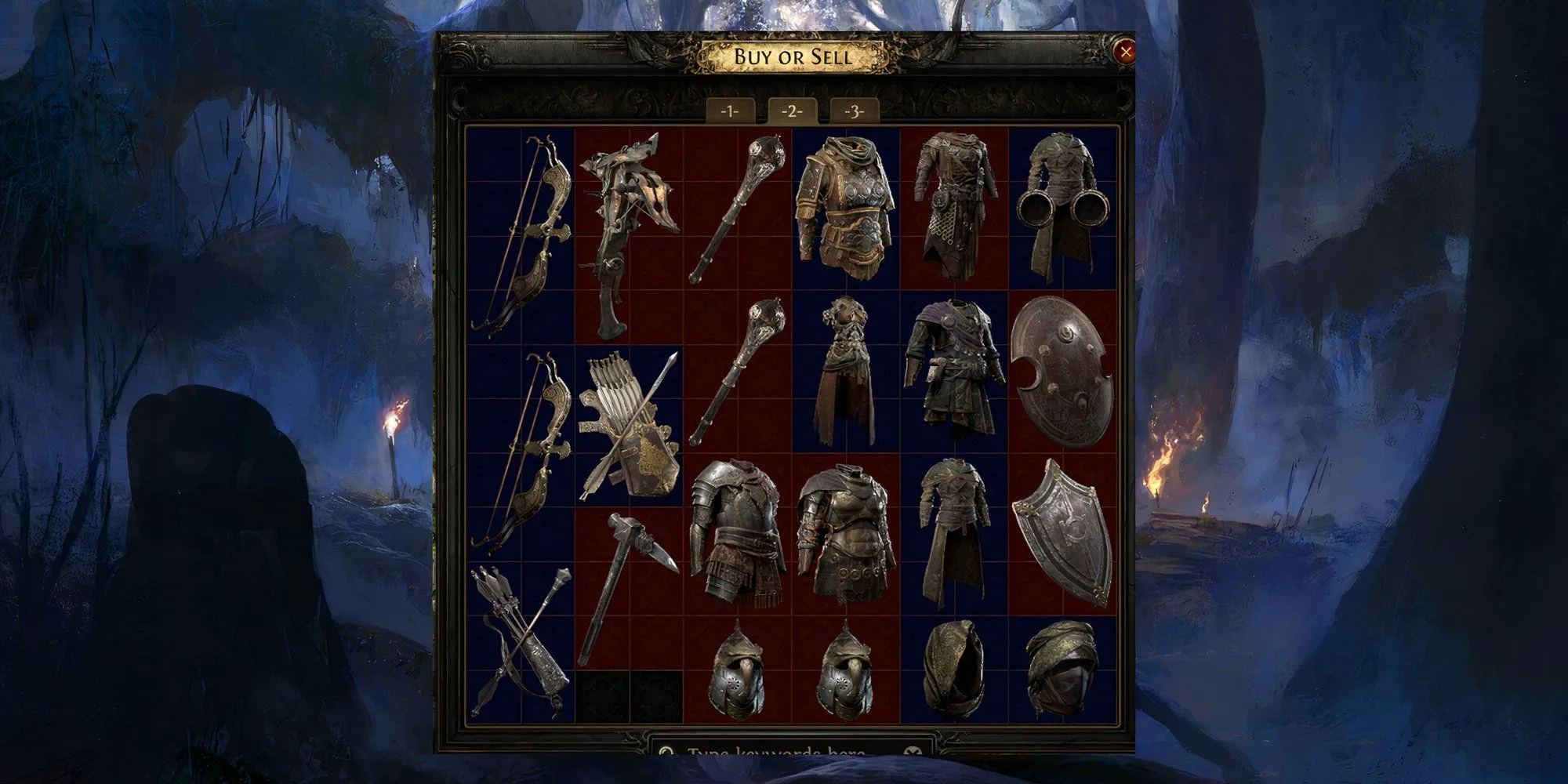 Giao diện mua bán trang bị trong Path of Exile 2, minh họa các vật phẩm cần thiết cho build Sunder Totem