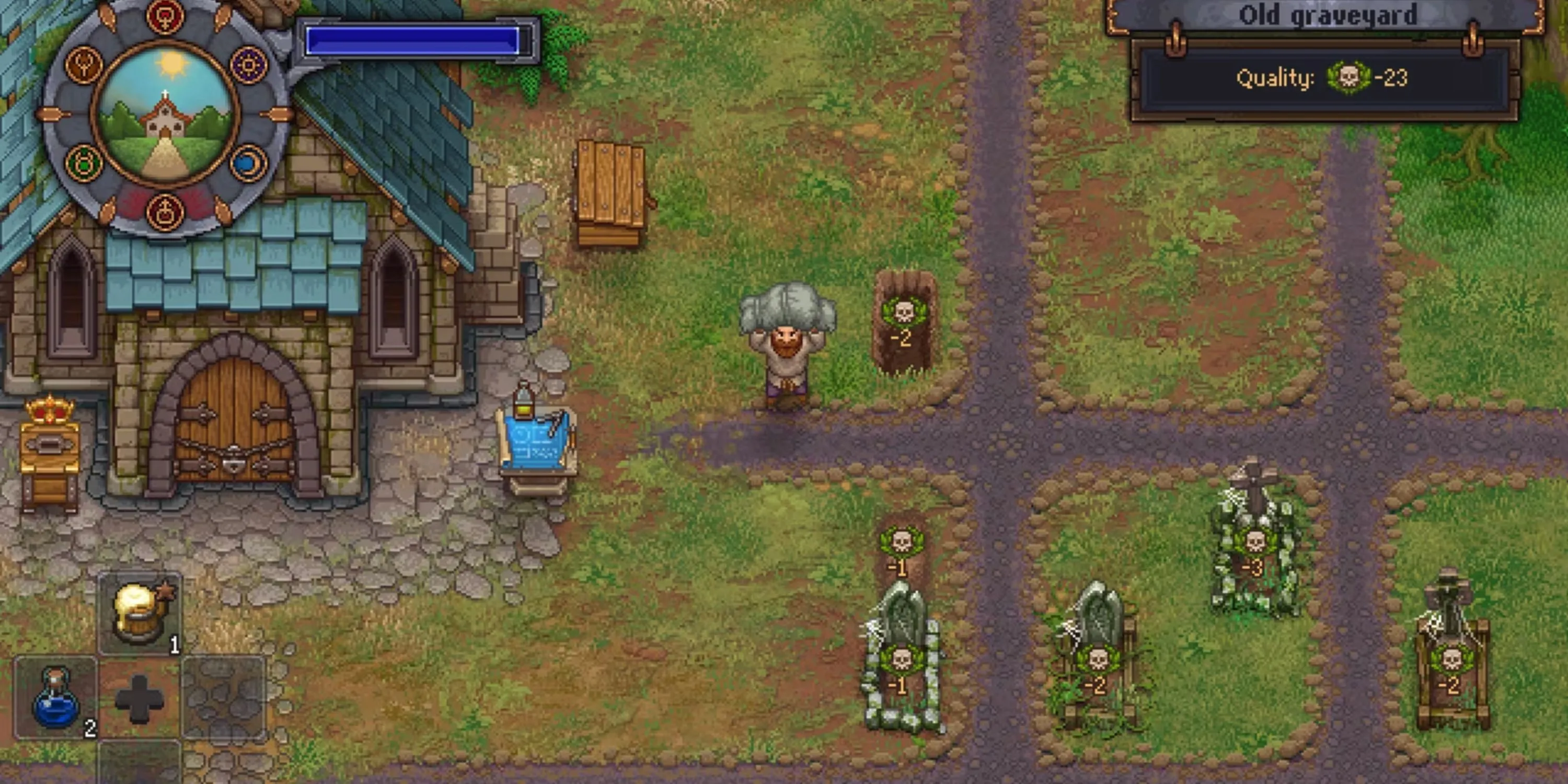 Giao diện quản lý nghĩa địa và các công việc trong game Graveyard Keeper