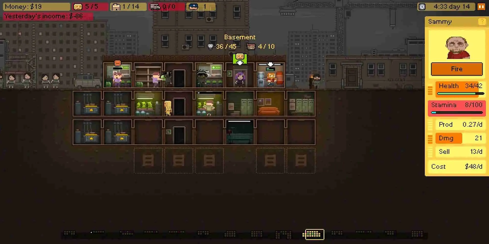 Giao diện quản lý trong game Basement với các phòng thí nghiệm dưới tầng hầm