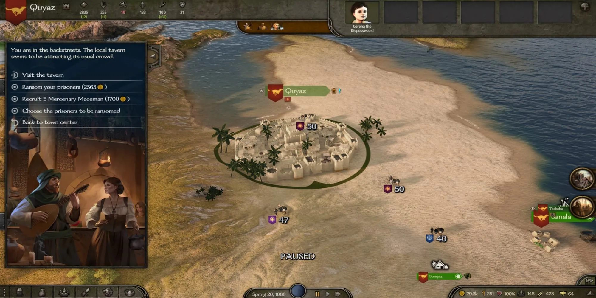 Giao diện quán rượu tại thành phố Quyaz trong game Mount &amp; Blade II: Bannerlord với các lựa chọn tương tác