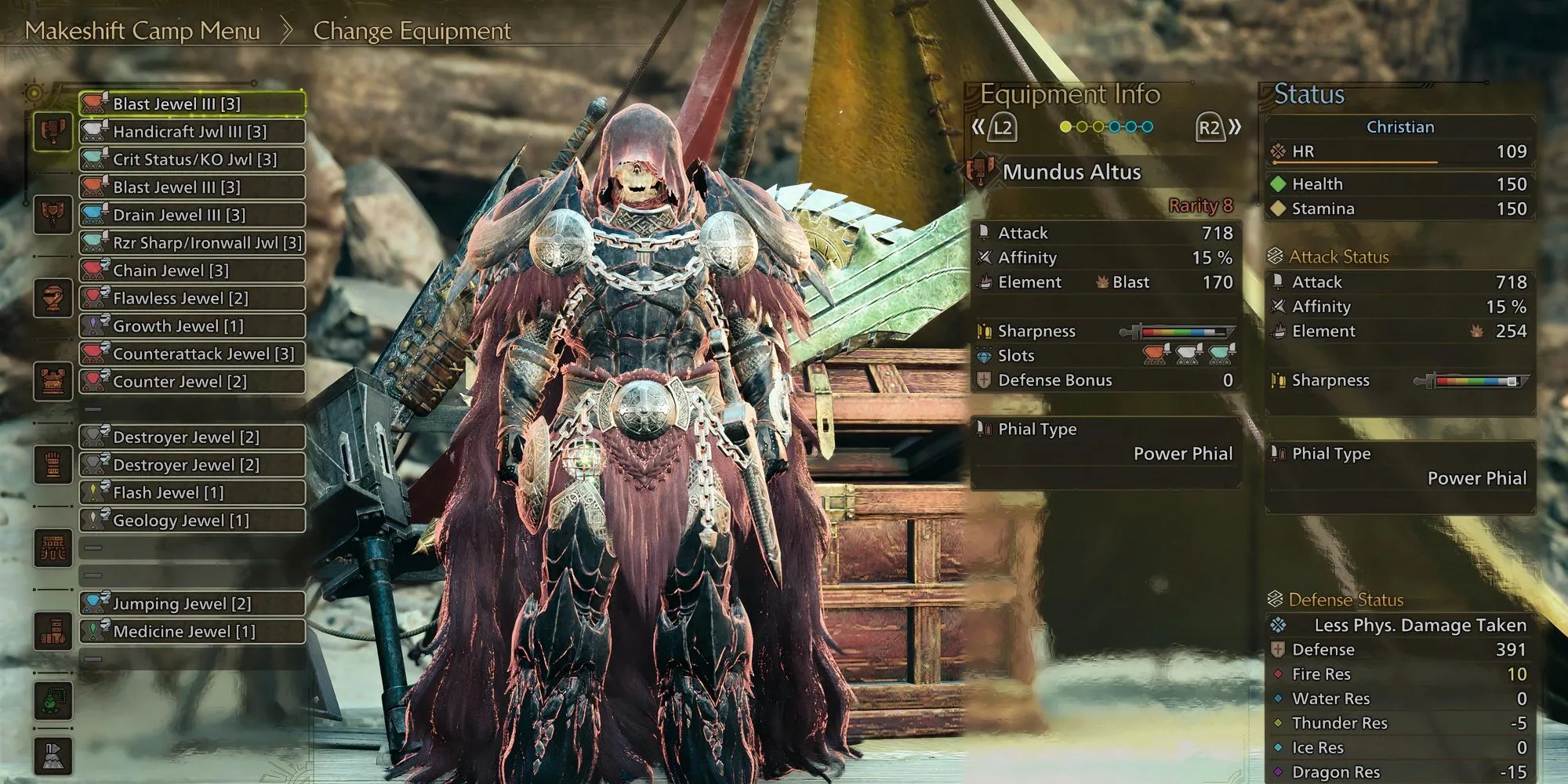 Giao diện trang bị hiển thị cách sử dụng Trang Trí (Decorations) để tăng sức mạnh Switch Axe trong Monster Hunter Wilds