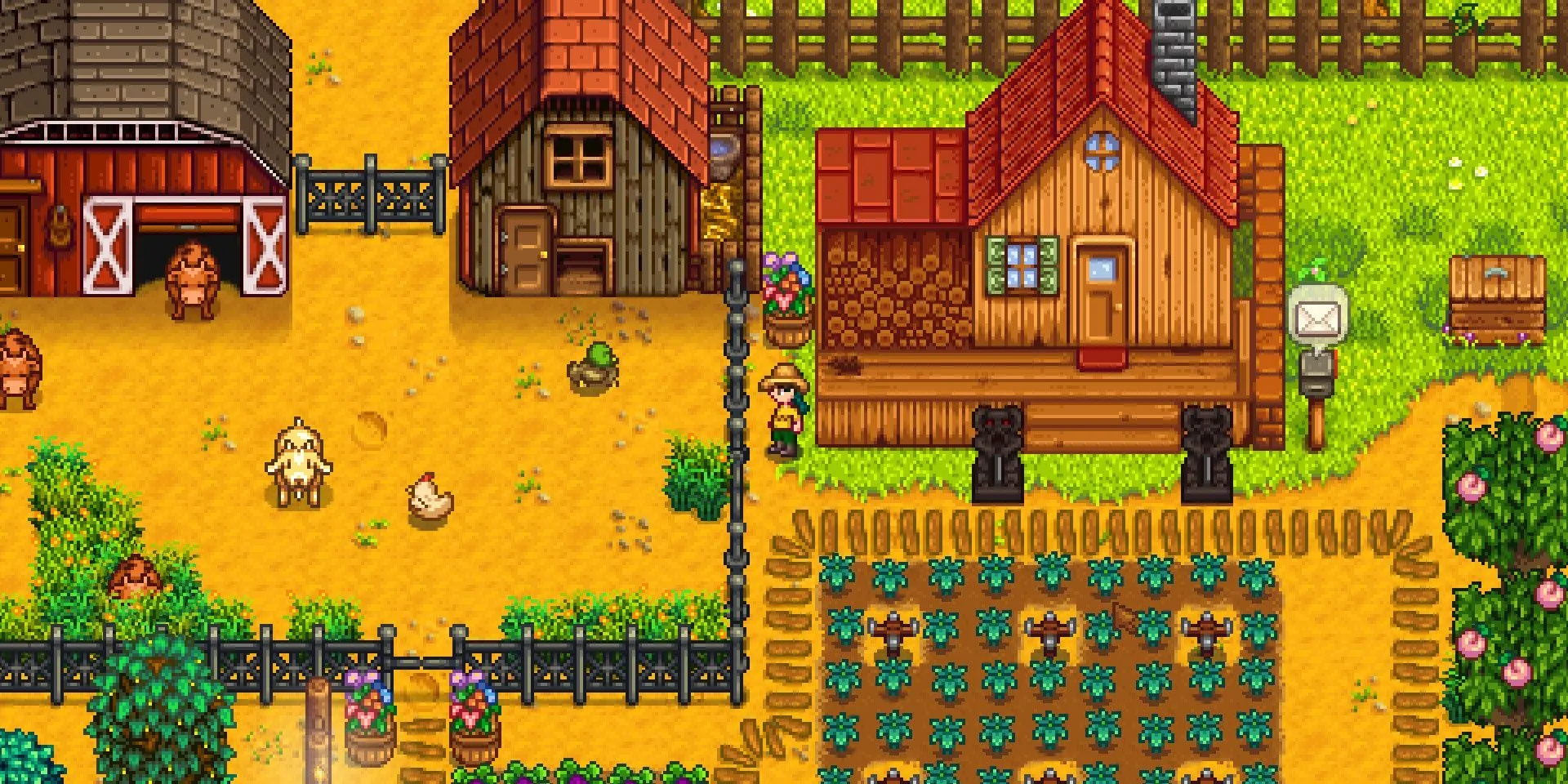 Góc nông trại trong Stardew Valley với nhiều luống cây trồng.