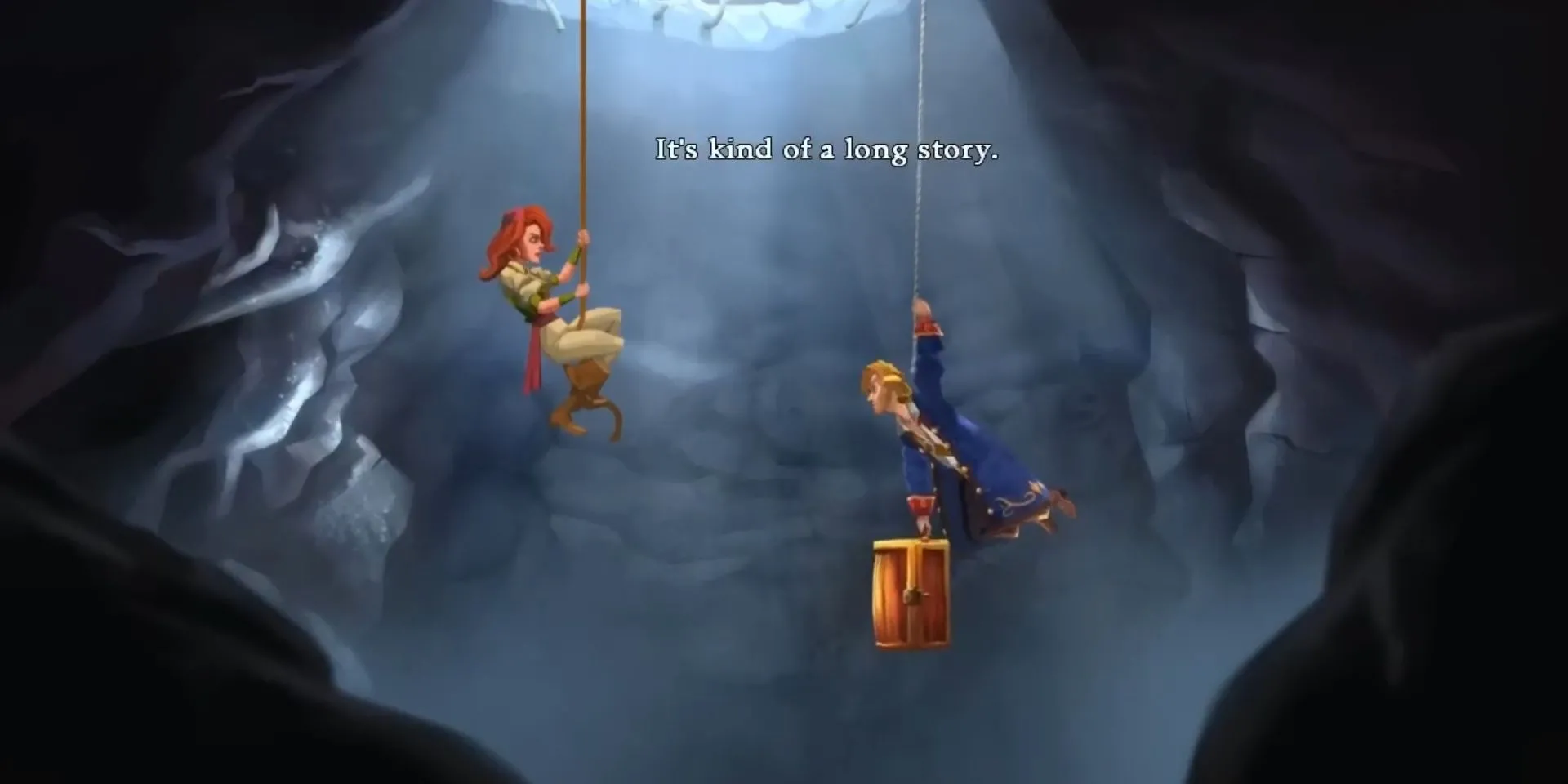 Guybrush Threepwood và Elaine Marley treo mình trên dây thừng trong Monkey Island 2 LeChuck's Revenge