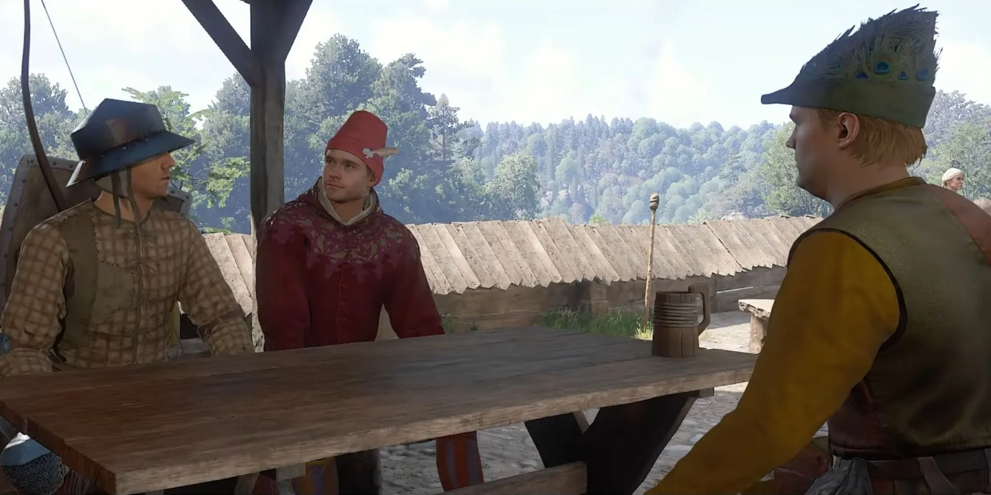 Hai người hát rong đang biểu diễn trong nhiệm vụ Troubadours của Kingdom Come Deliverance 2