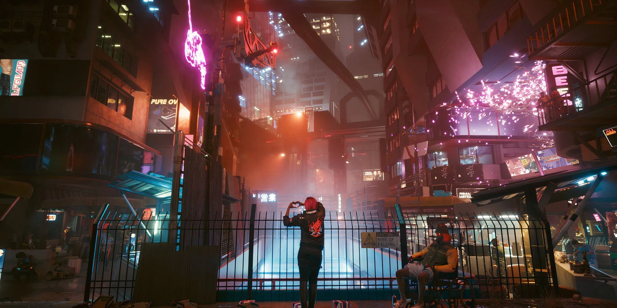 Hai nhân vật khám phá khu vực ngoài trời tại Night City trong Cyberpunk 2077