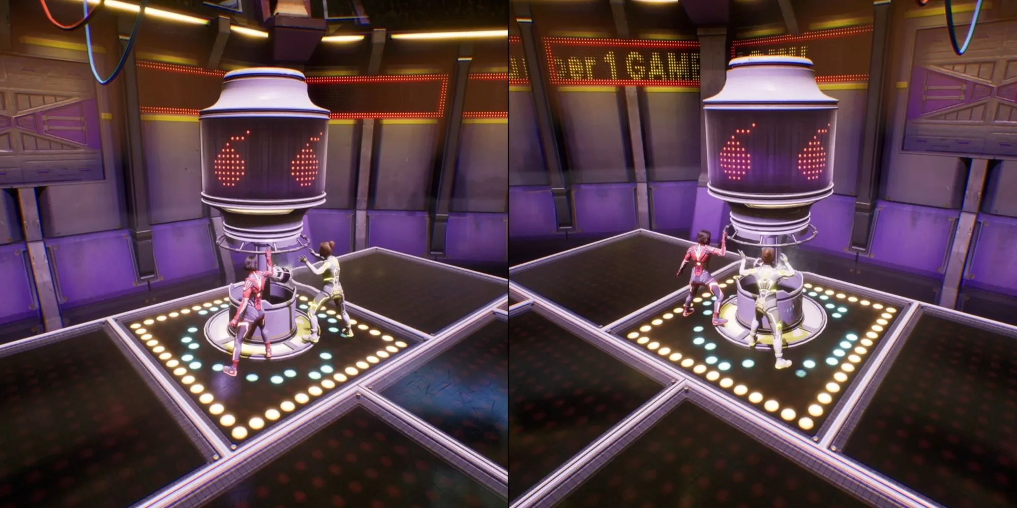 Hai nhân vật Split Fiction đang chuyền quả bom nóng trong mini-game Gameshow