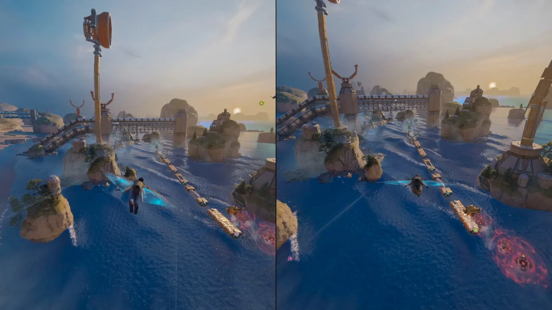 Hai nhân vật Zoe và Mio bay lượn trên không trong màn rượt đuổi Train Heist của Split Fiction