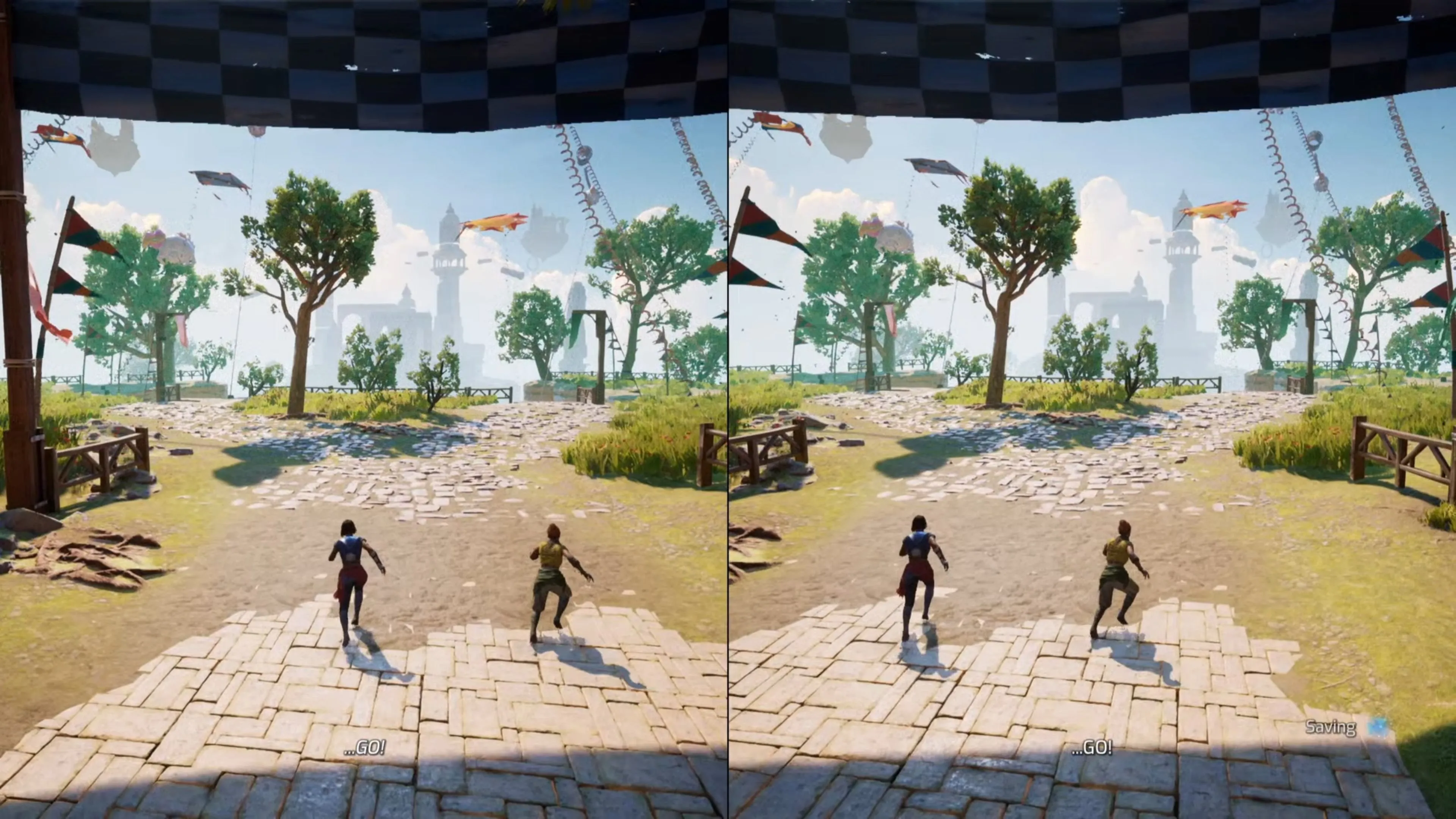 Hai nhân vật Zoe và Mio đang bay lượn giữa những đám mây và những cánh diều đầy màu sắc trong game Split Fiction Kites