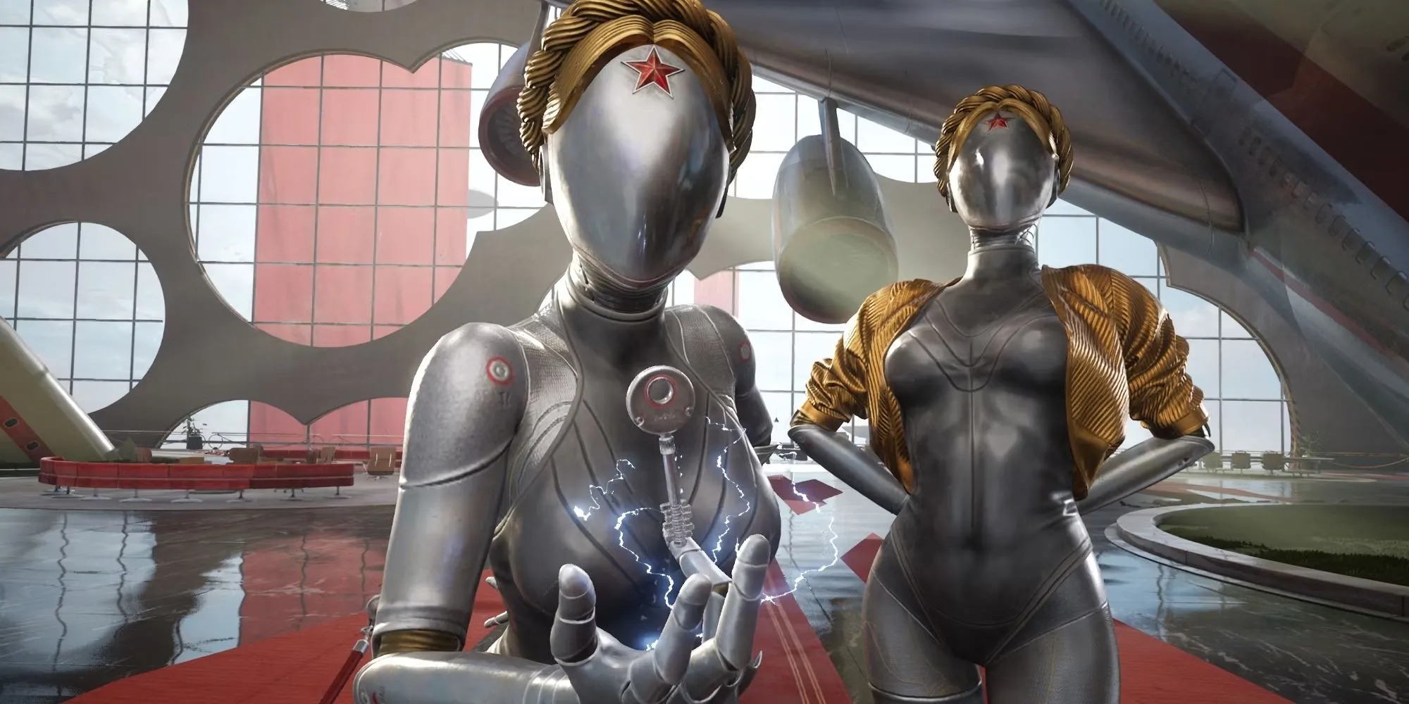 Hai robot nữ song sinh đứng gác trong Atomic Heart, thể hiện công nghệ robot tiên tiến của Liên Xô hư cấu