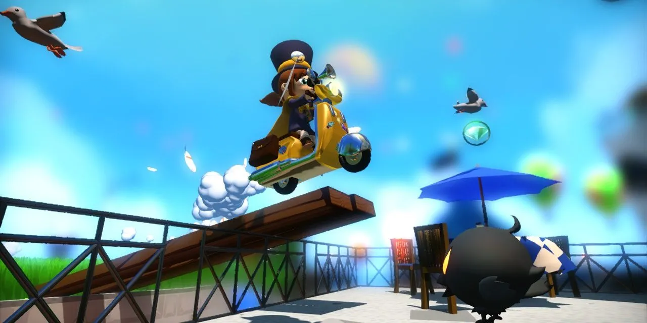 Hat Kid lái xe scooter trong A Hat in Time với phong cách platformer 3D