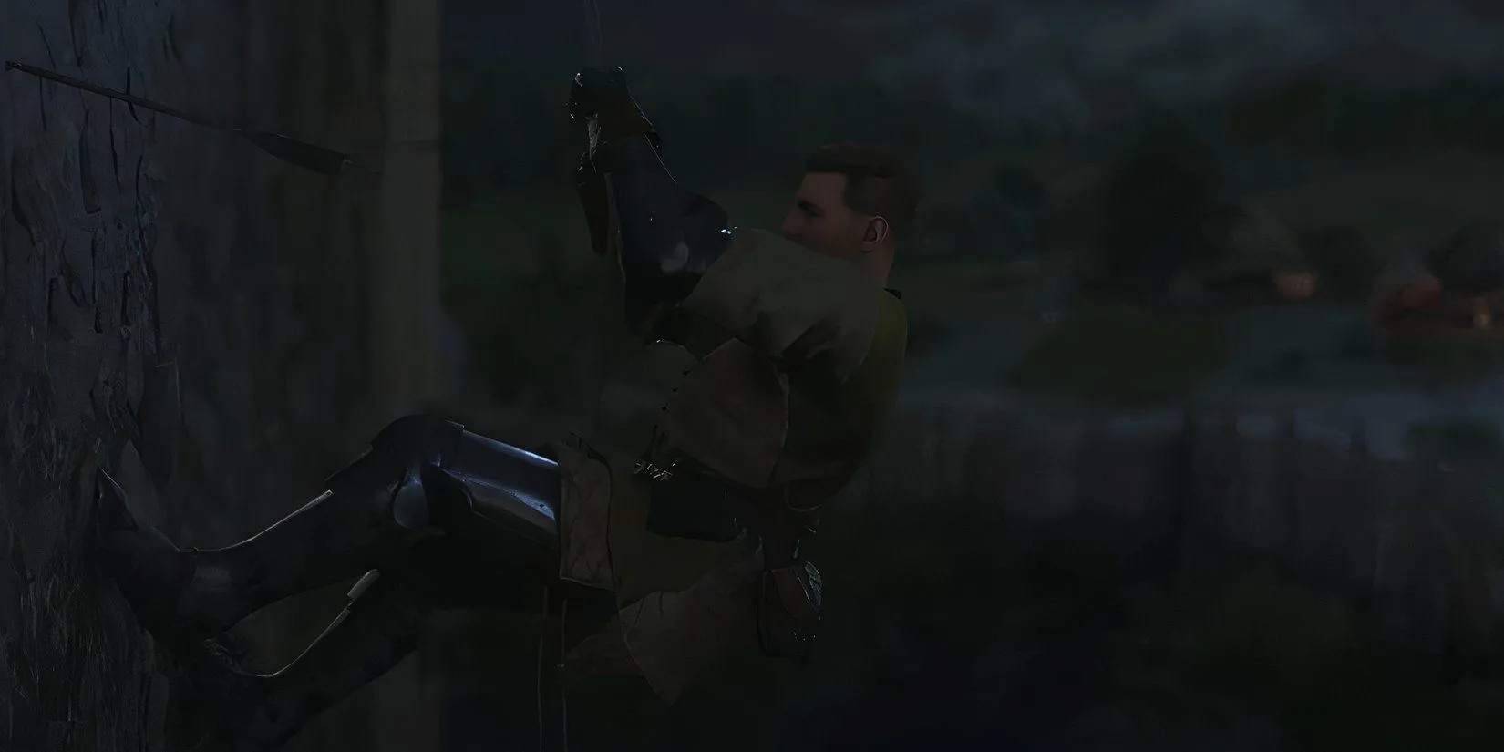 Henry tụt dây từ bức tường thành Suchdol khi nhiệm vụ The Reckoning trong Kingdom Come Deliverance 2 bắt đầu