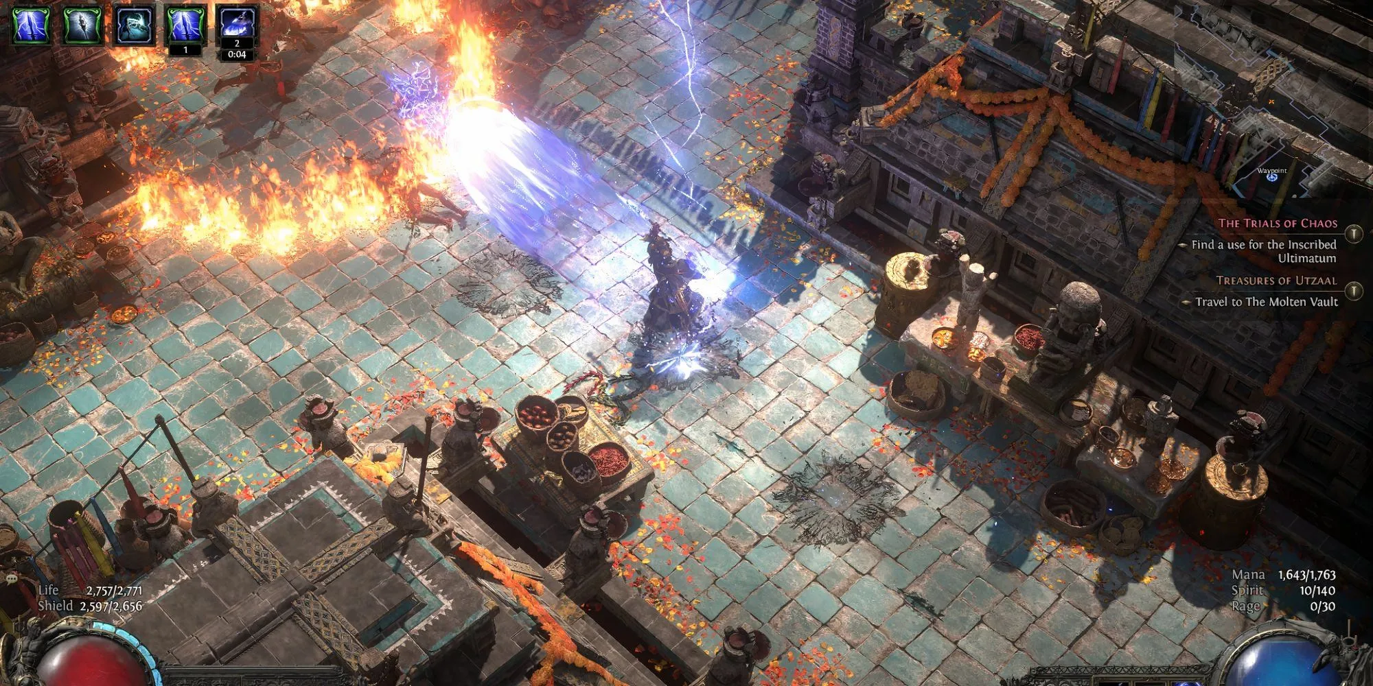 Hiệu ứng kỹ năng Charged Staff phóng luồng sát thương từ trượng trong build Mercenary PoE 2.