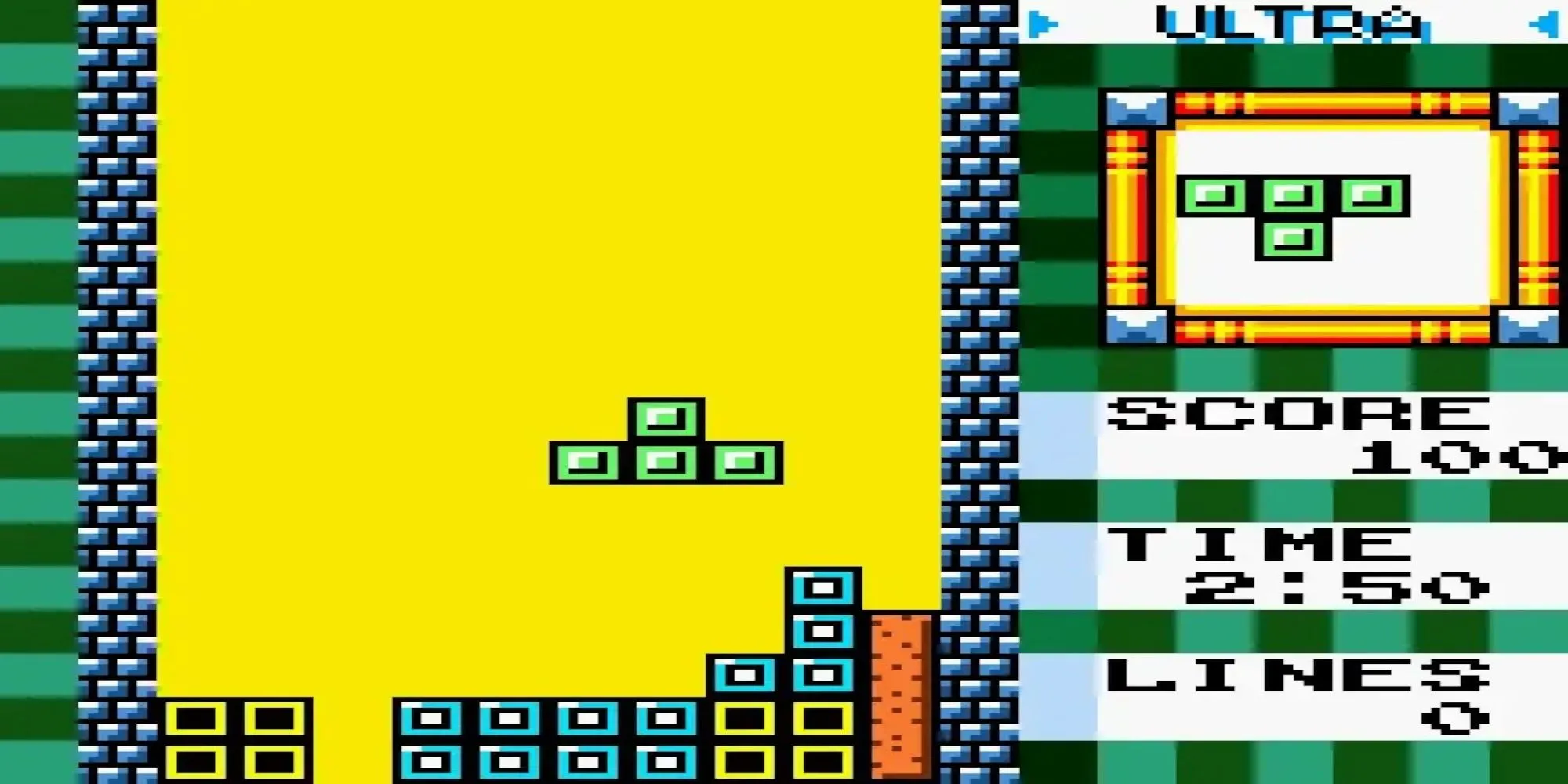 Hình ảnh gameplay Tetris DX trên Game Boy Color với khối tetromino màu sắc