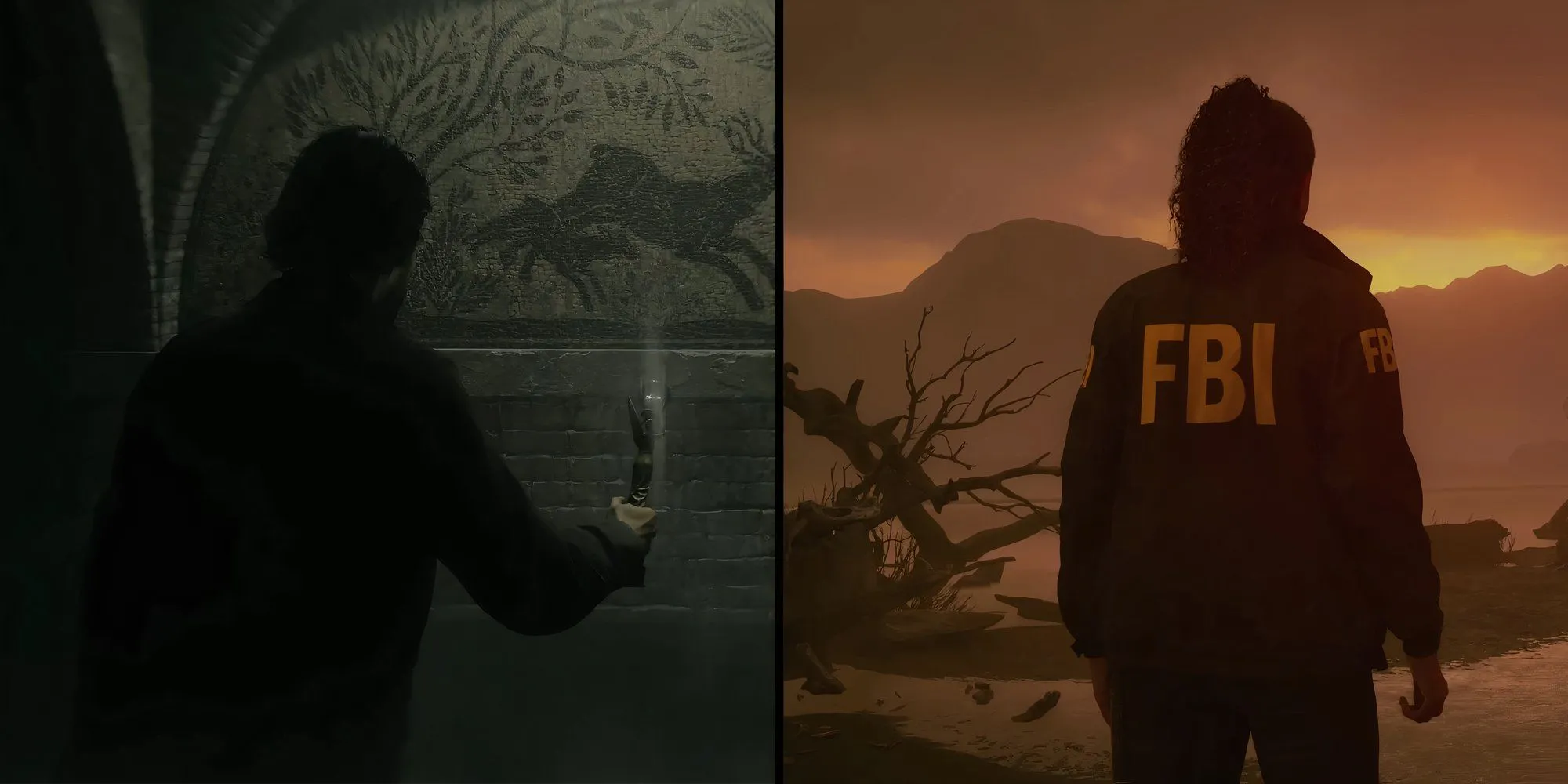 Hình ảnh ghép hai nhân vật chính của Alan Wake 2, Saga Anderson và Alan Wake, quay lưng lại trong các môi trường khác nhau