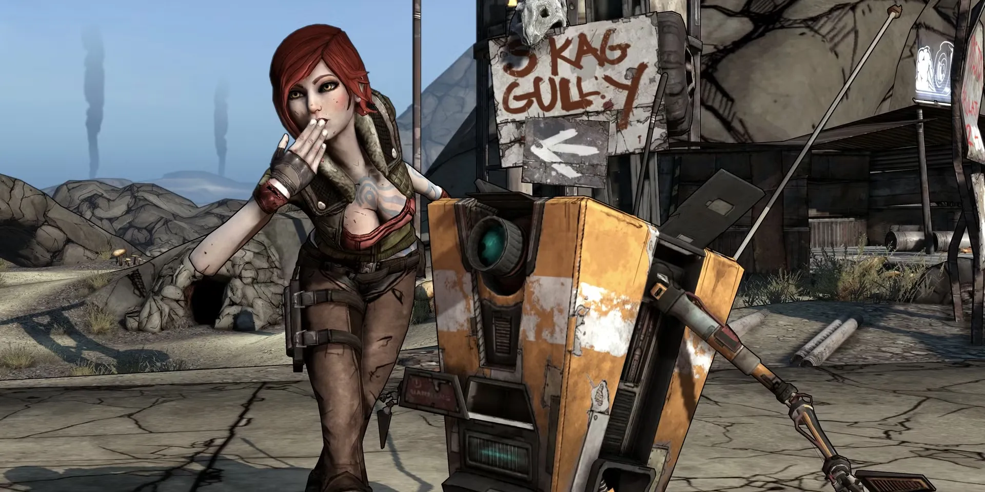 Hình ảnh Lilith và Claptrap trong Borderlands giữa khung cảnh hoang tàn đặc trưng của Pandora