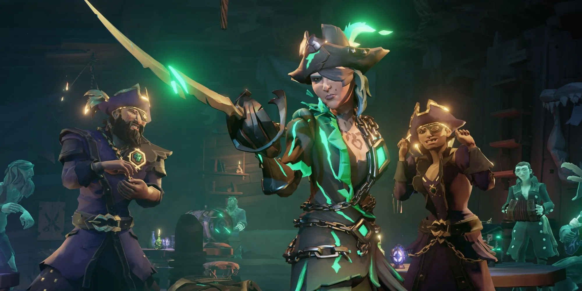 Hình ảnh một con tàu cướp biển trong Sea of Thieves đang căng buồm ra khơi